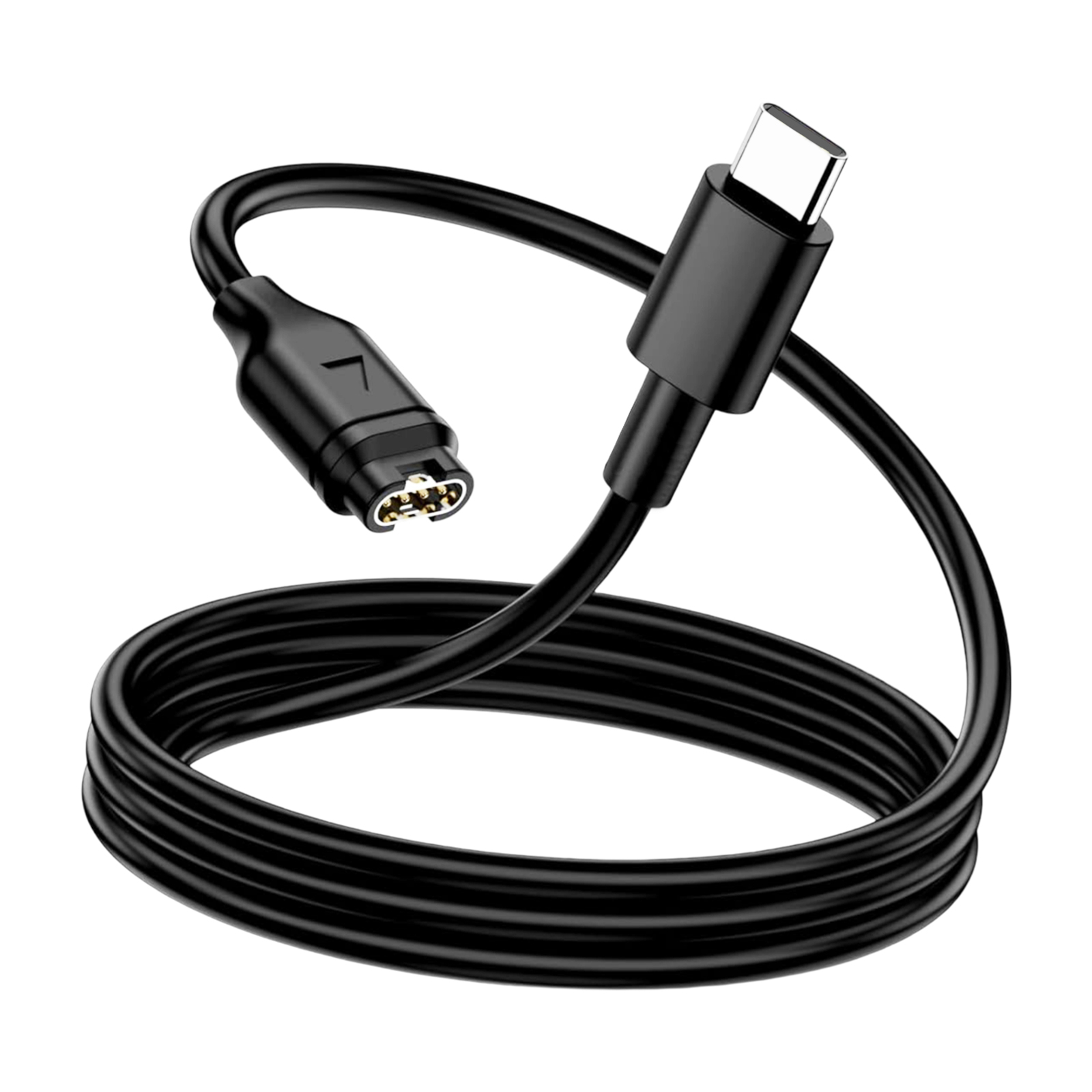 Cavo nero con USB-C e connettore proprietario, arrotolato.