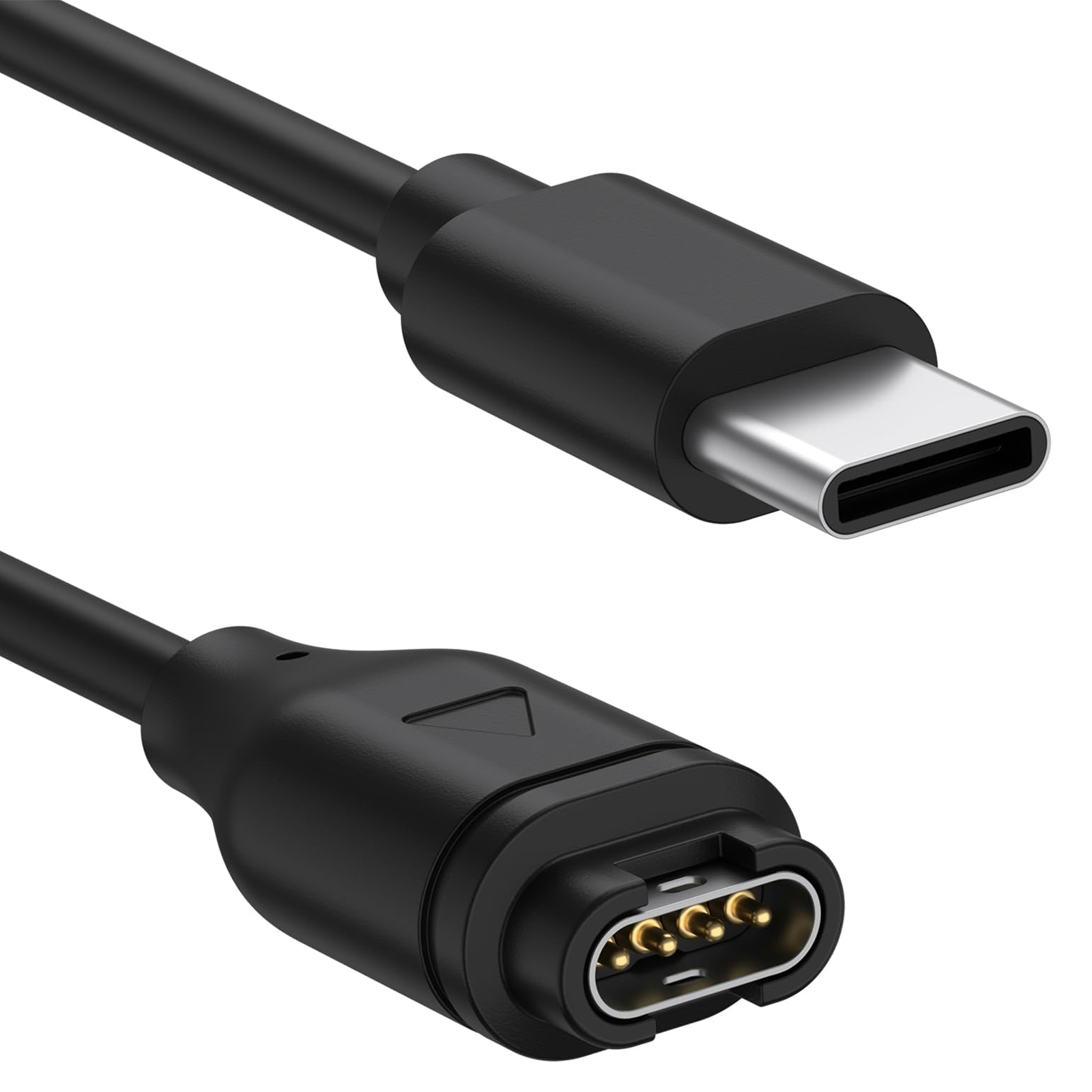 Un cavo nero mostra un connettore USB-C e un connettore proprietario con pin dorati.