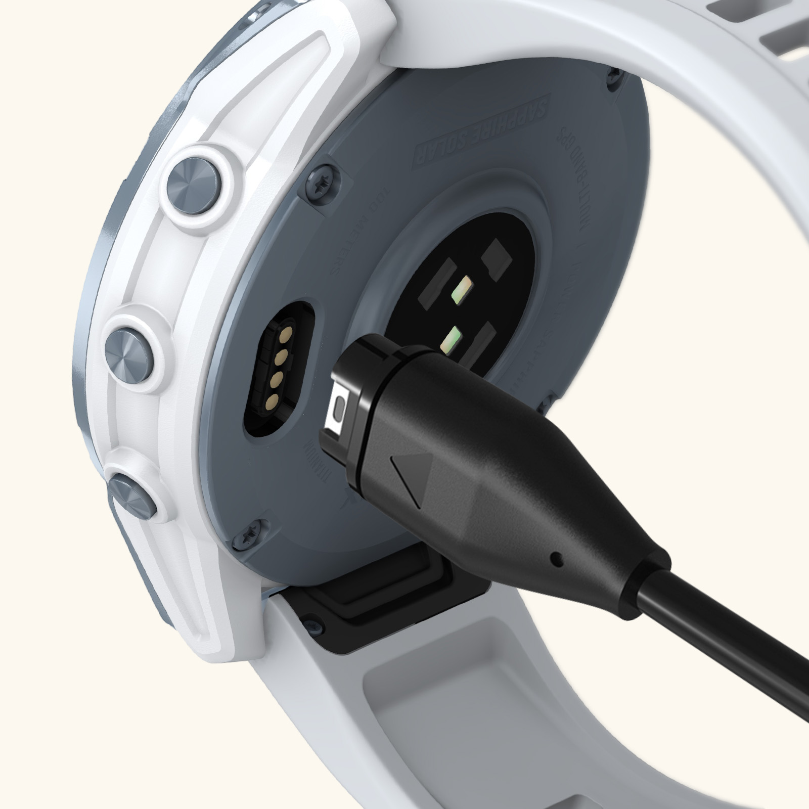 Un cinturino di smartwatch bianco con cavo di ricarica nero collegato al retro.