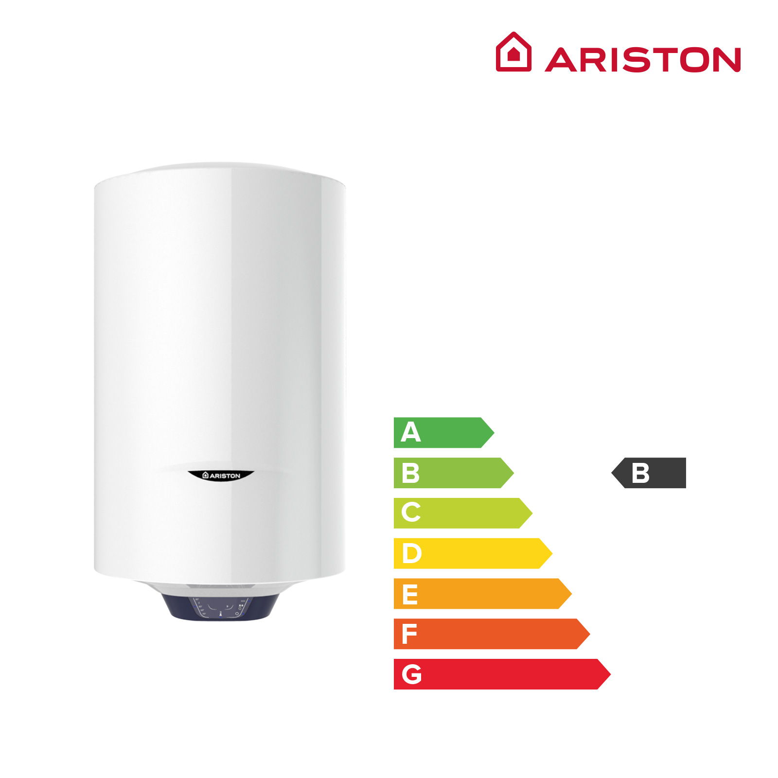 Un calentador de agua Ariston blanco con una calificación de eficiencia energética B.