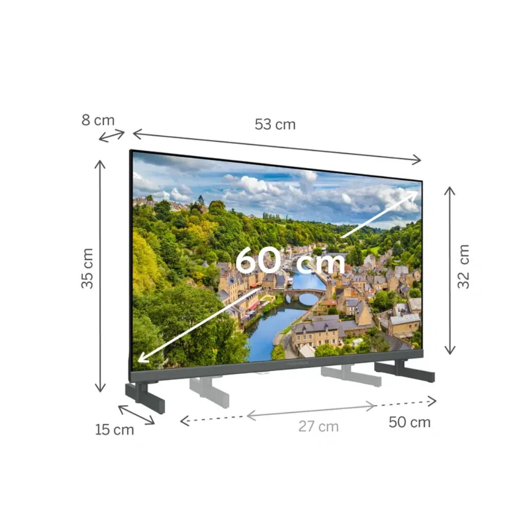 Un televisor de 60 pulgadas con dimensiones y una imagen de un pueblo junto a un río.