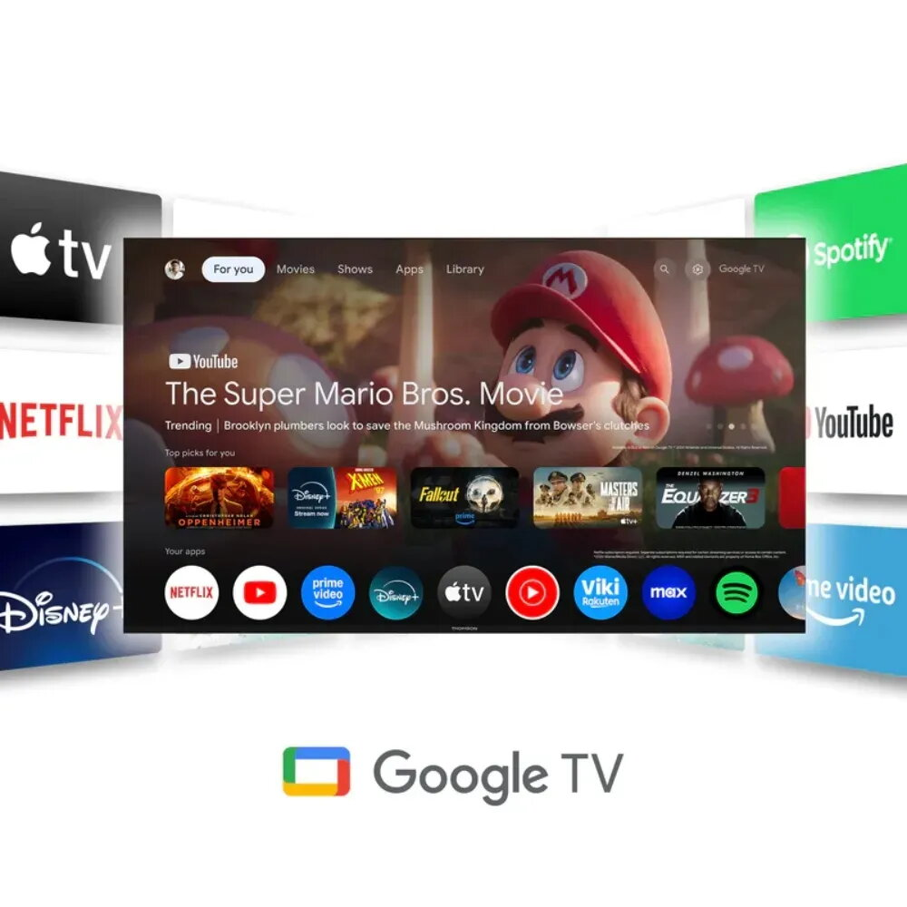 Pantalla de inicio de Google TV con la película Super Mario Bros. y iconos de apps.
