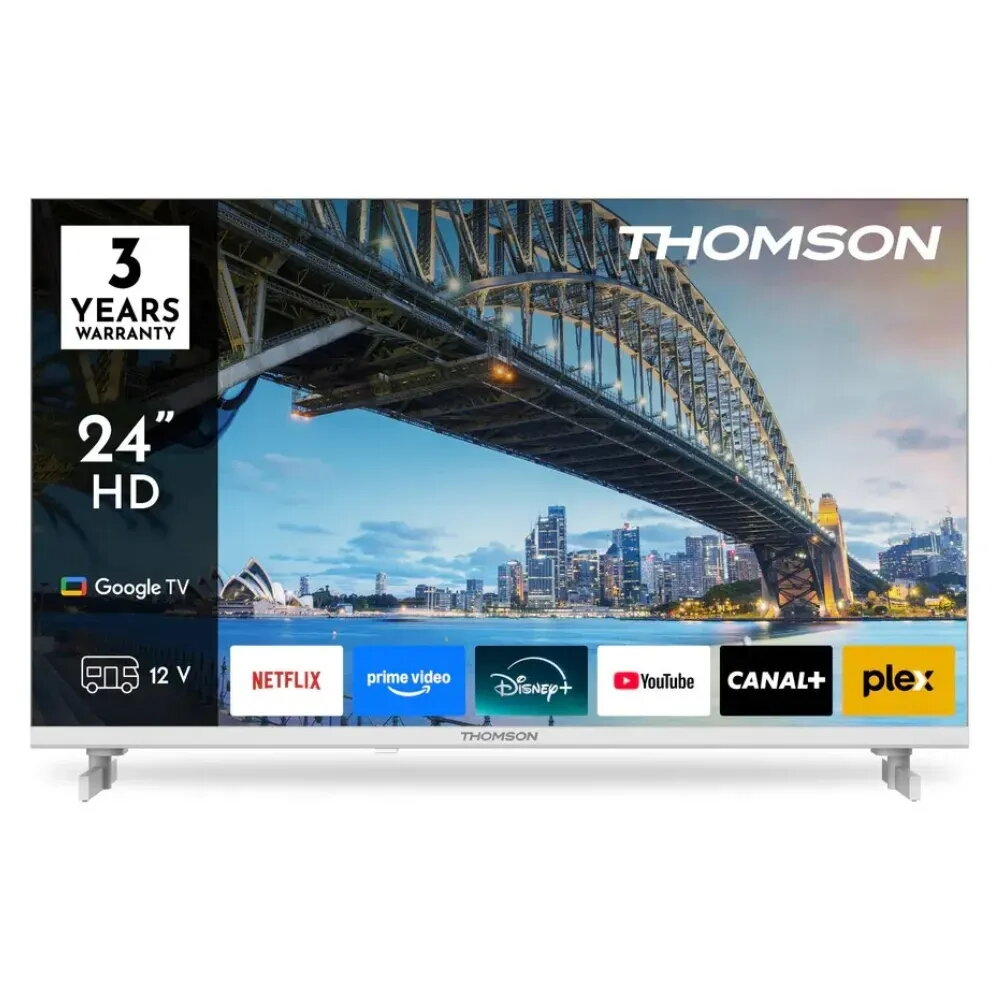TV Thomson 24" HD con Google TV, garantía de 3 años y apps de streaming.