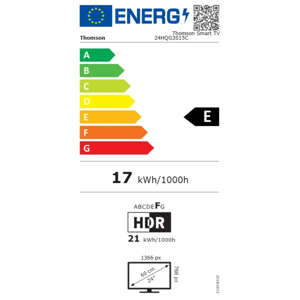 Etiqueta de eficiencia energética para un TV Thomson Smart con clase E.