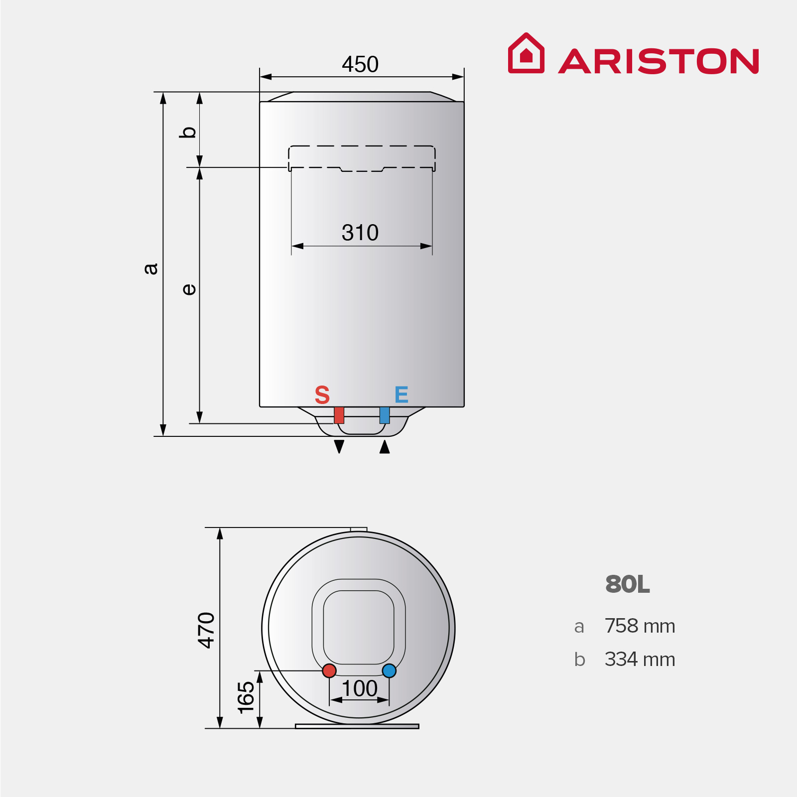 Dibujo técnico de un termo Ariston de 80L con dimensiones y conexiones.