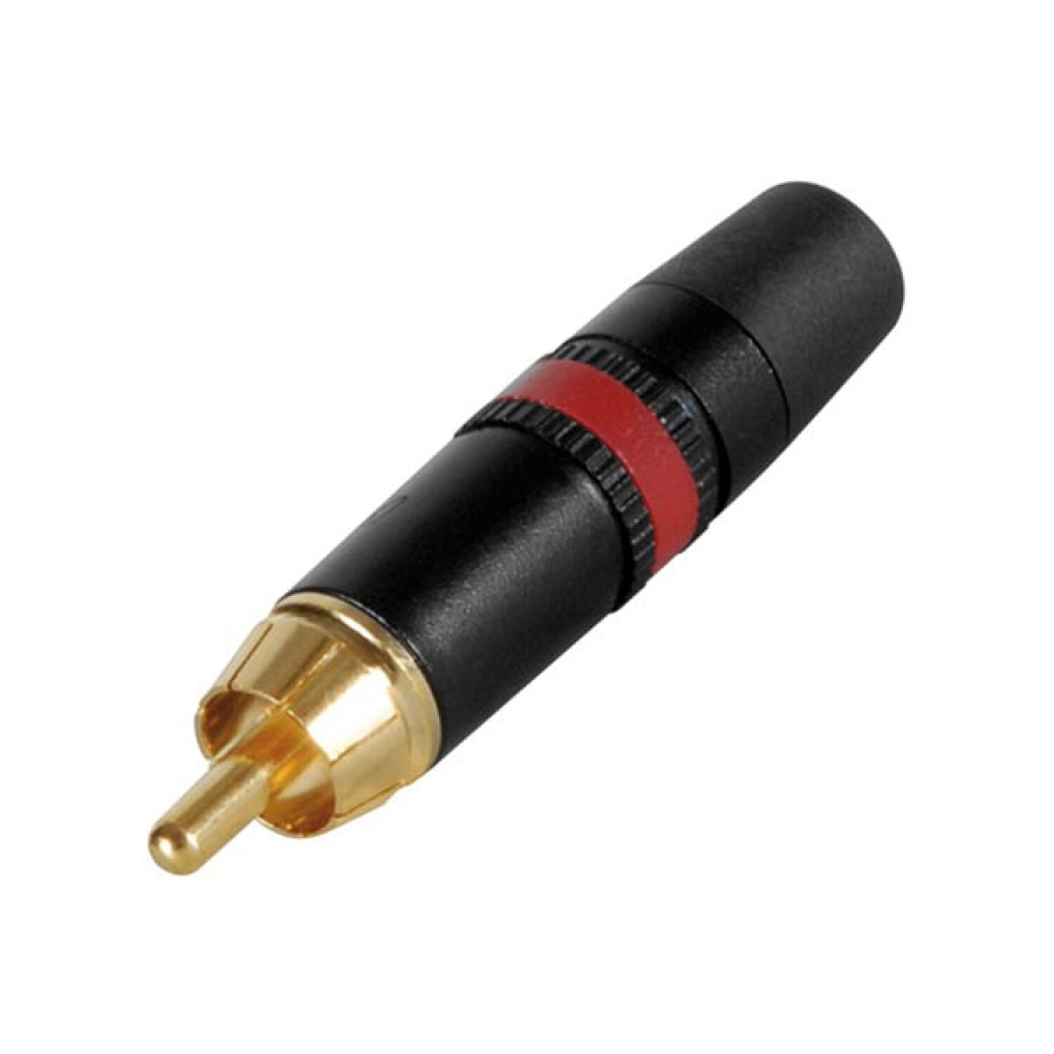 Un connettore RCA nero con banda rossa e pin dorato.