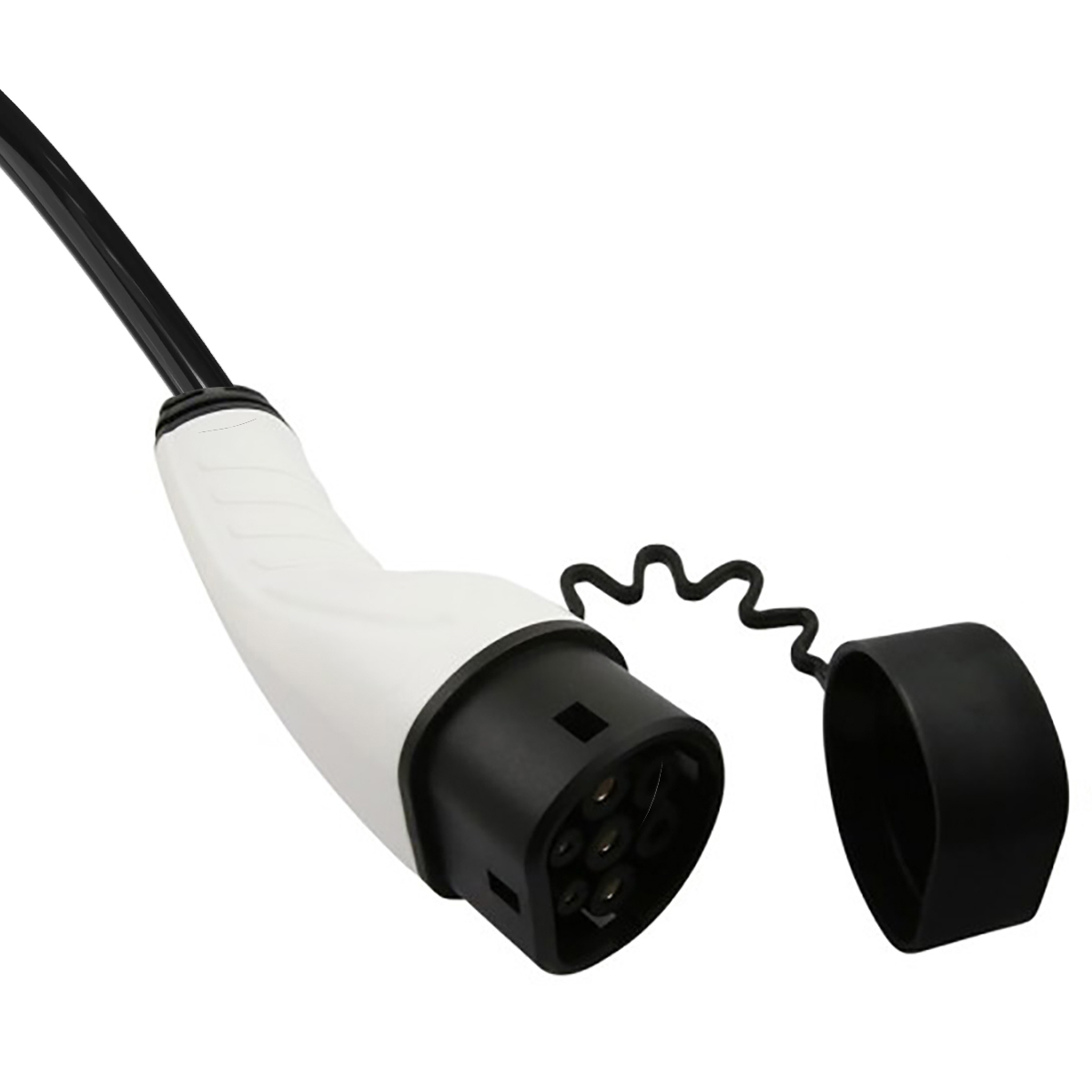 Un connettore di ricarica EV bianco e nero con cavo e cappuccio aperto, isolato su bianco.