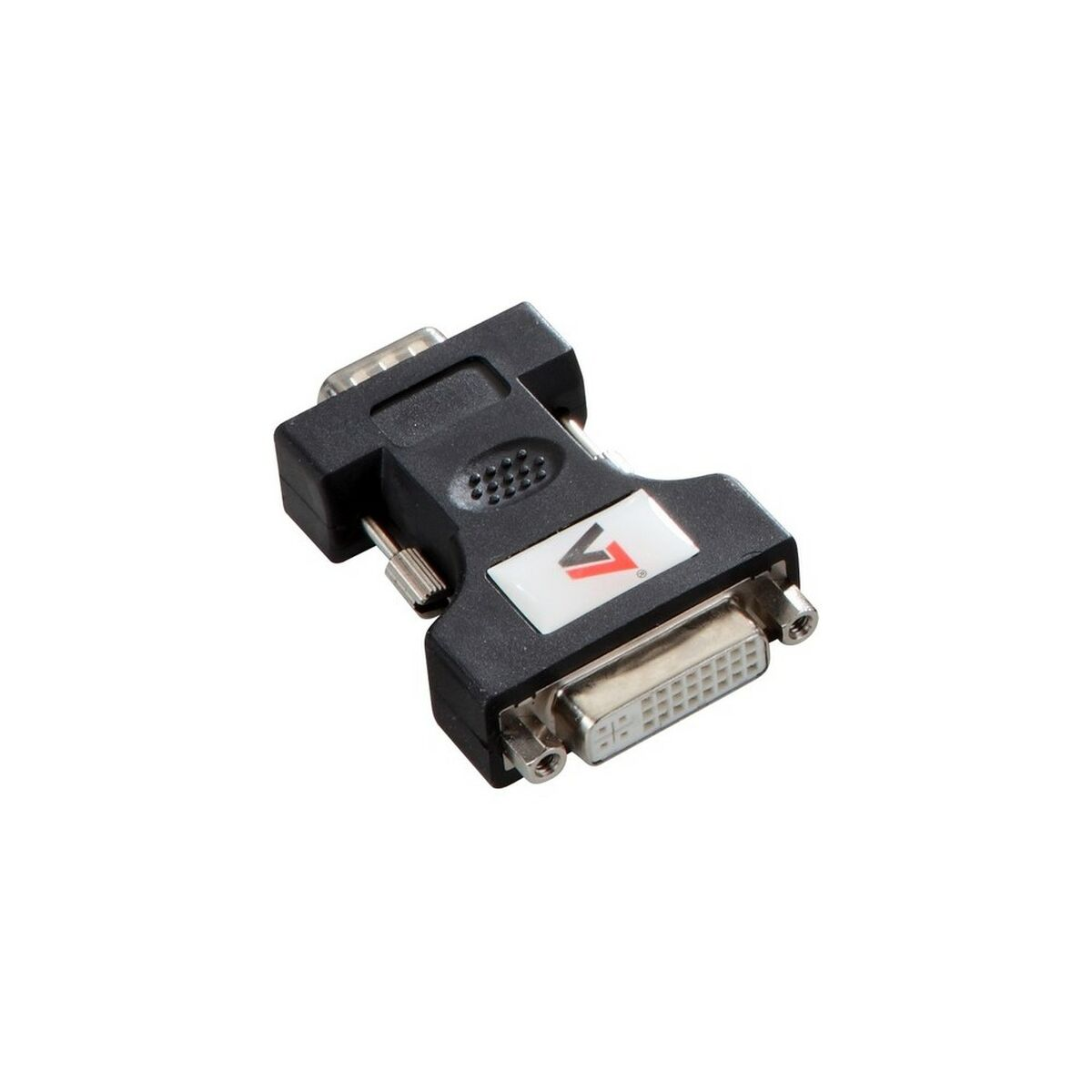 Un adattatore DVI a VGA nero con logo V7 su sfondo bianco.