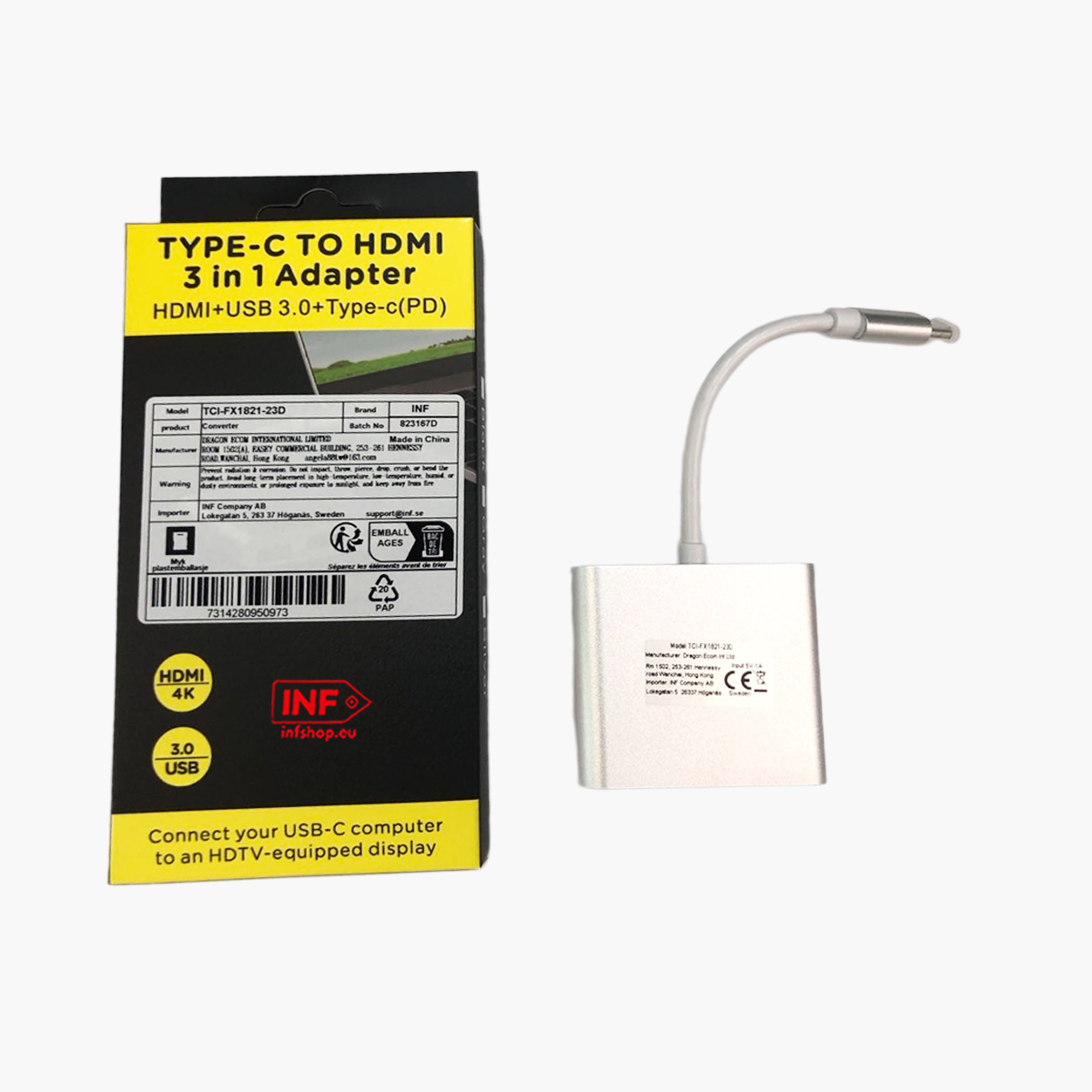 Ein silberner USB-C zu HDMI Adapter mit Kabel und Verpackung.
