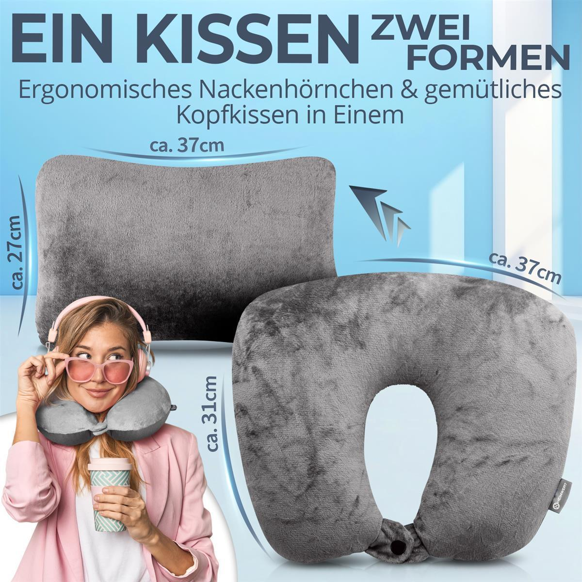 Graues Kissen in zwei Formen: Nackenhörnchen und rechteckiges Kissen.