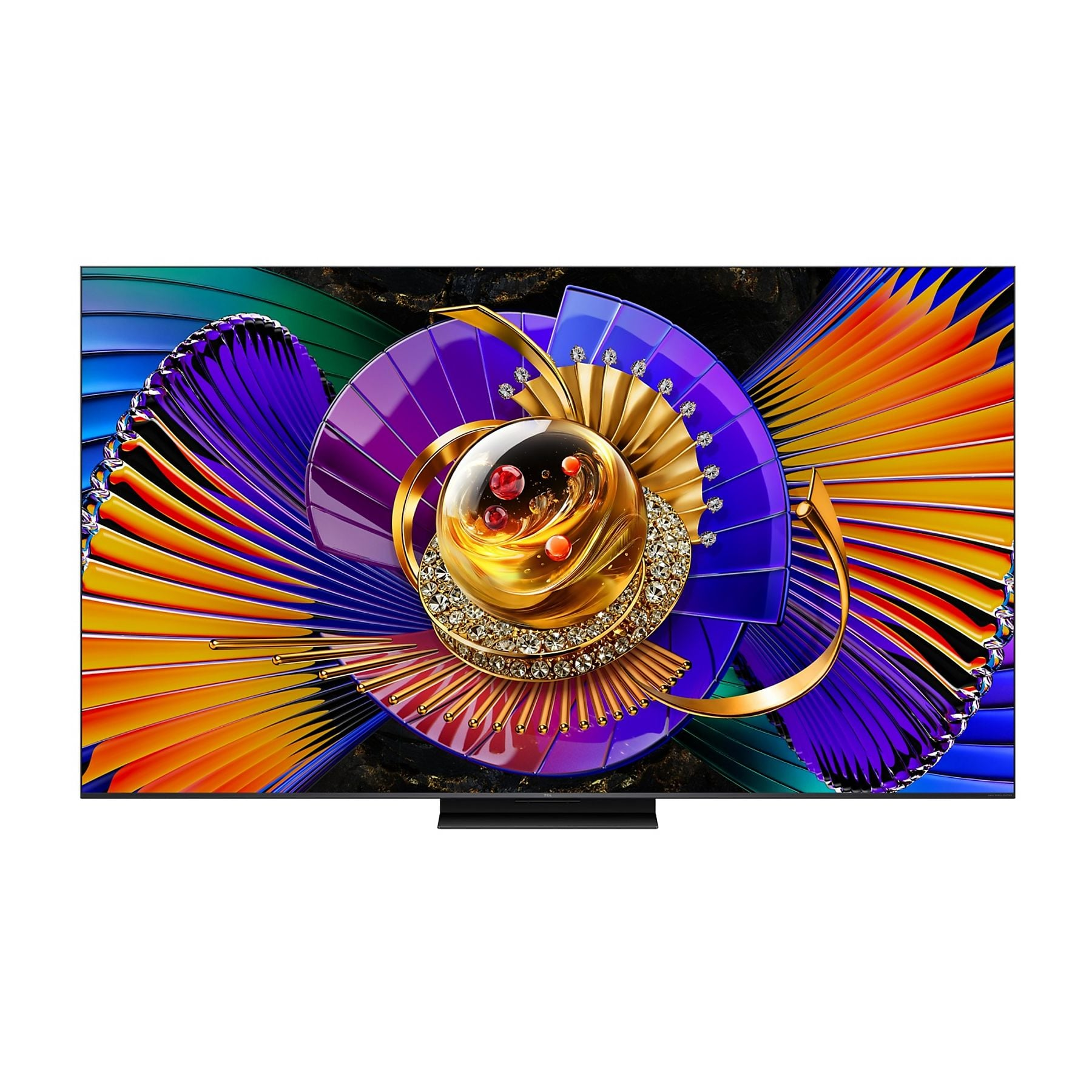 Un televisor muestra un patrón abstracto y colorido con detalles dorados y de joya.