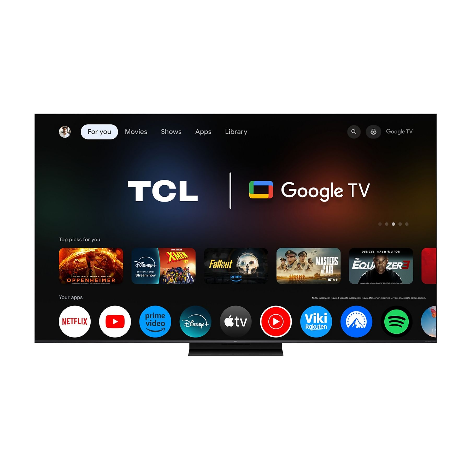 TCL Google TV mostra film e app come Netflix, Disney+, Prime Video.