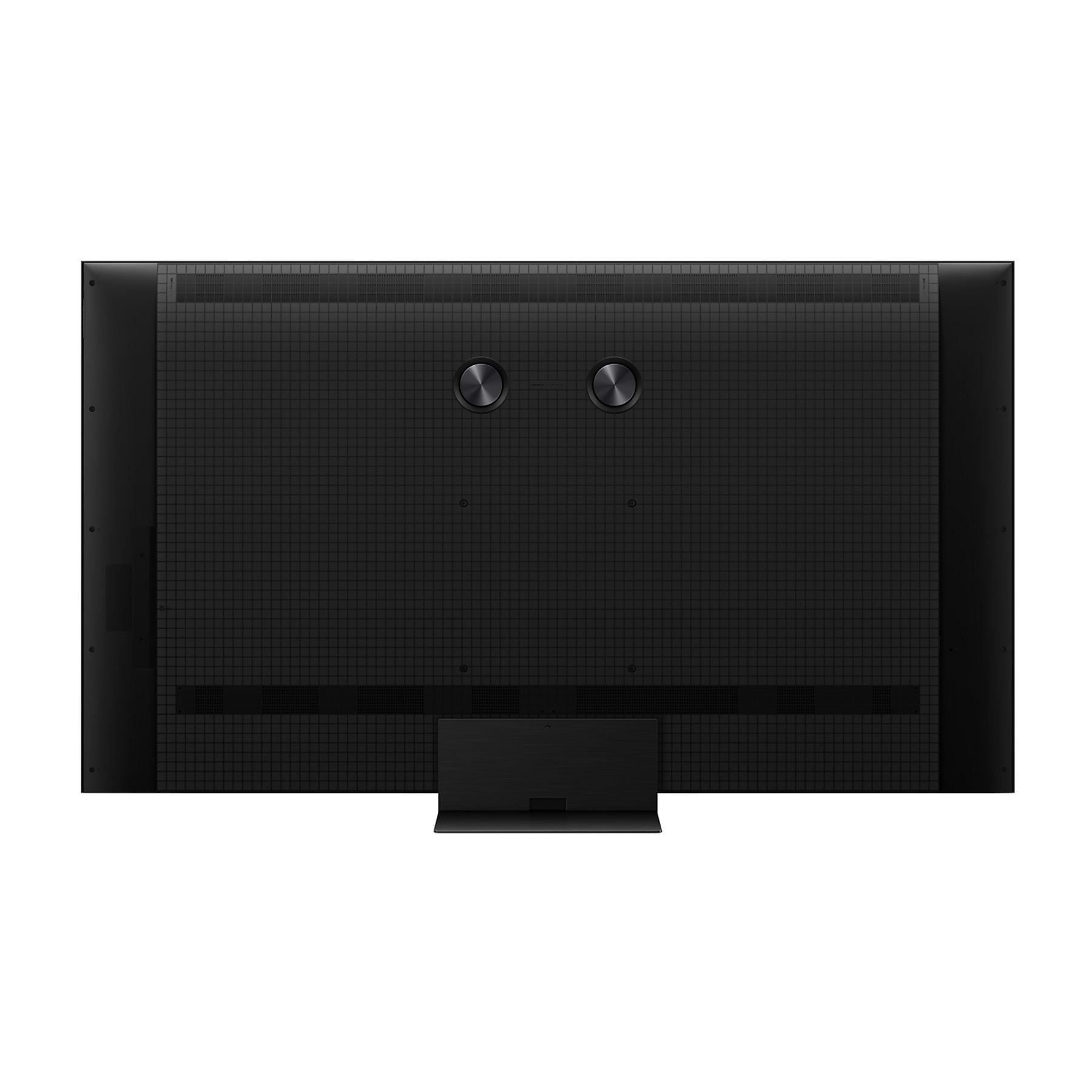 Parte trasera de un televisor negro grande con patrón acanalado y dos botones redondos.