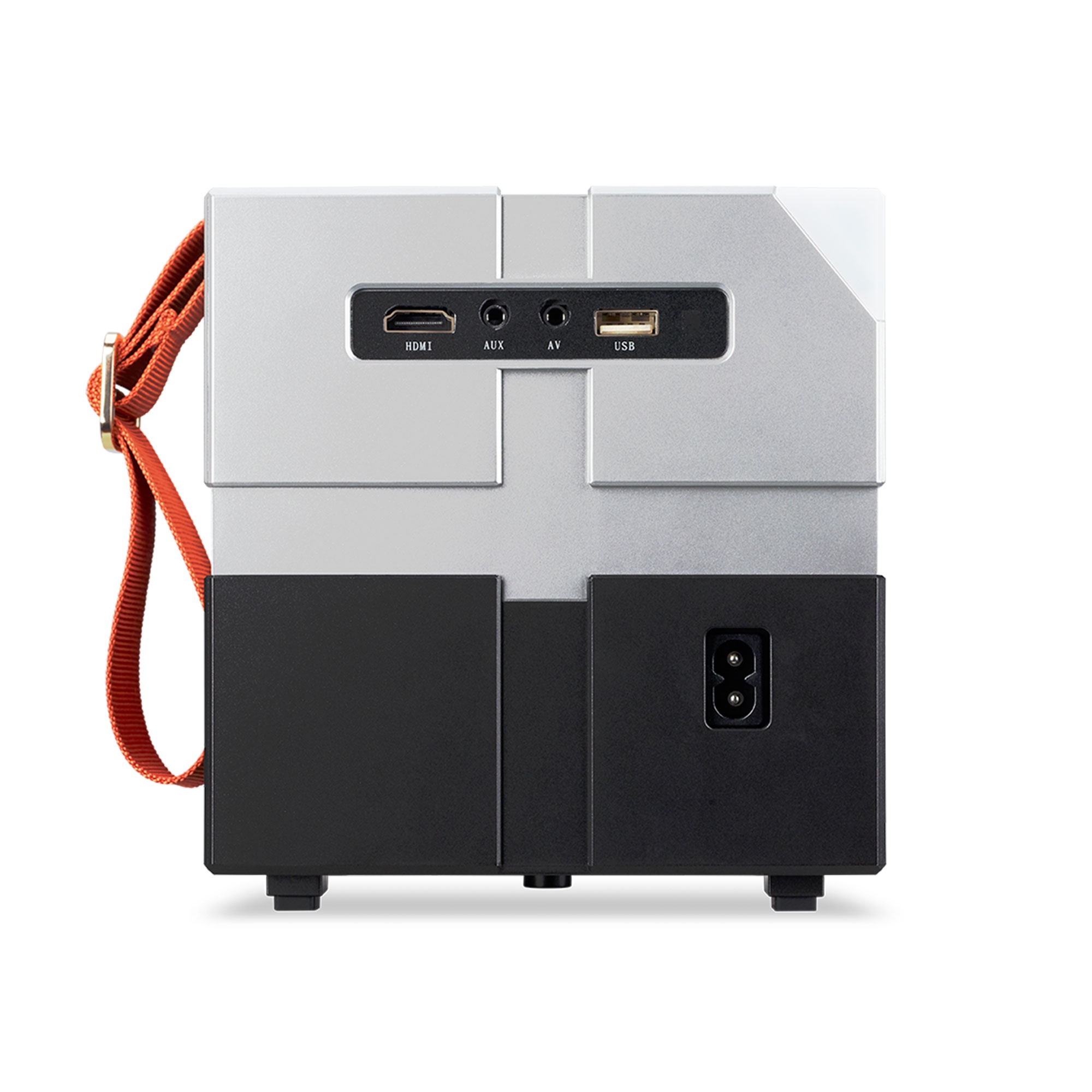 Silberner Projektor mit schwarzen Akzenten, HDMI-, AUX-, AV- und USB-Anschlüssen.