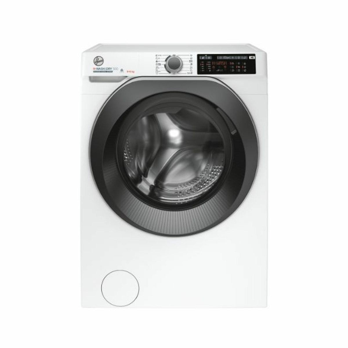 Weiße Waschmaschine mit schwarzem Bullauge und digitaler Anzeige.