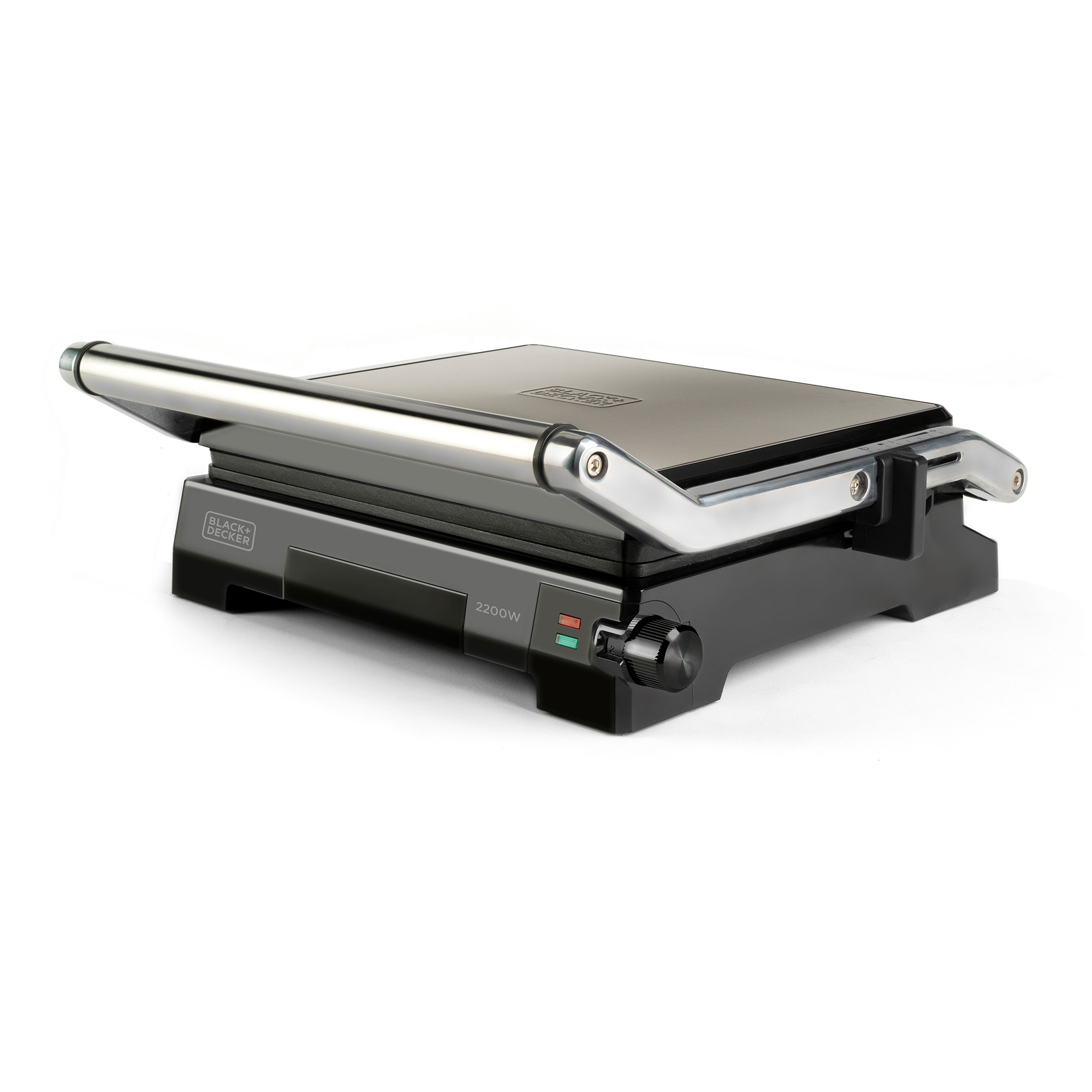 Zwarte contactgrill met zilveren handvat en bedieningselementen.