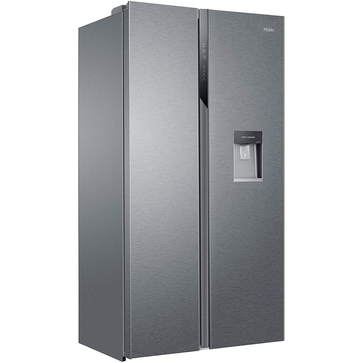 Refrigerador plateado Haier de dos puertas con dispensador de agua.