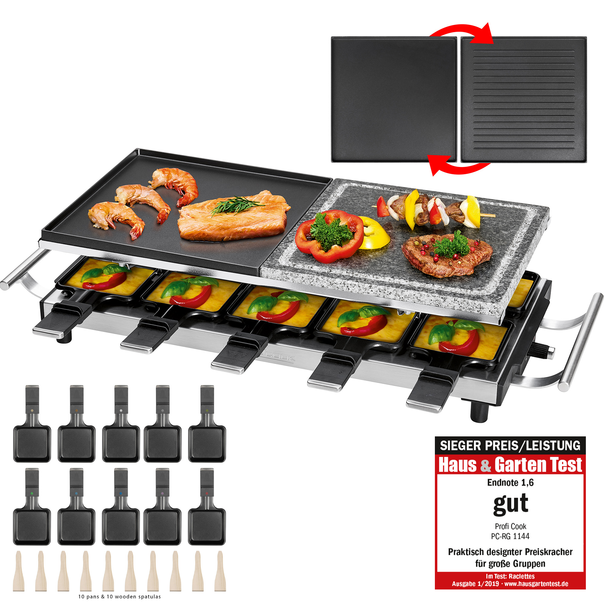 Grill do raclette z jedzeniem, patelniami i łopatkami, plus nagroda testowa.
