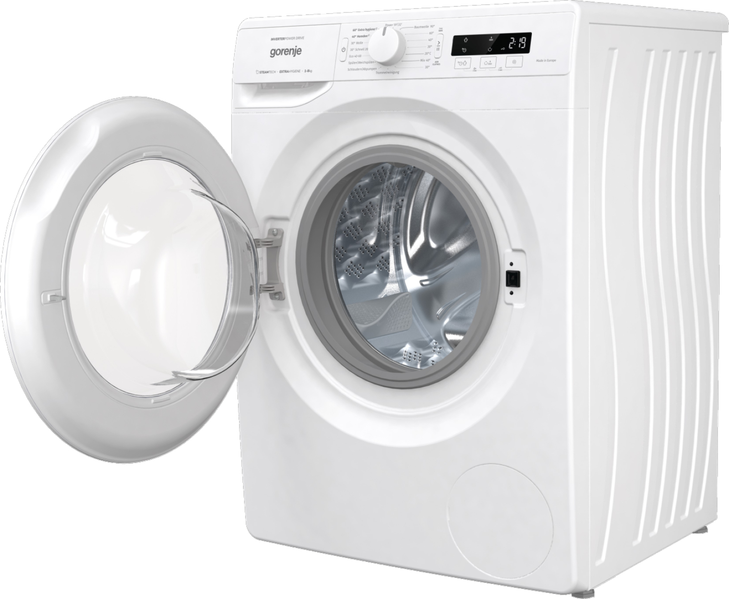 Eine weiße Gorenje Waschmaschine mit offener Tür und Trommel.