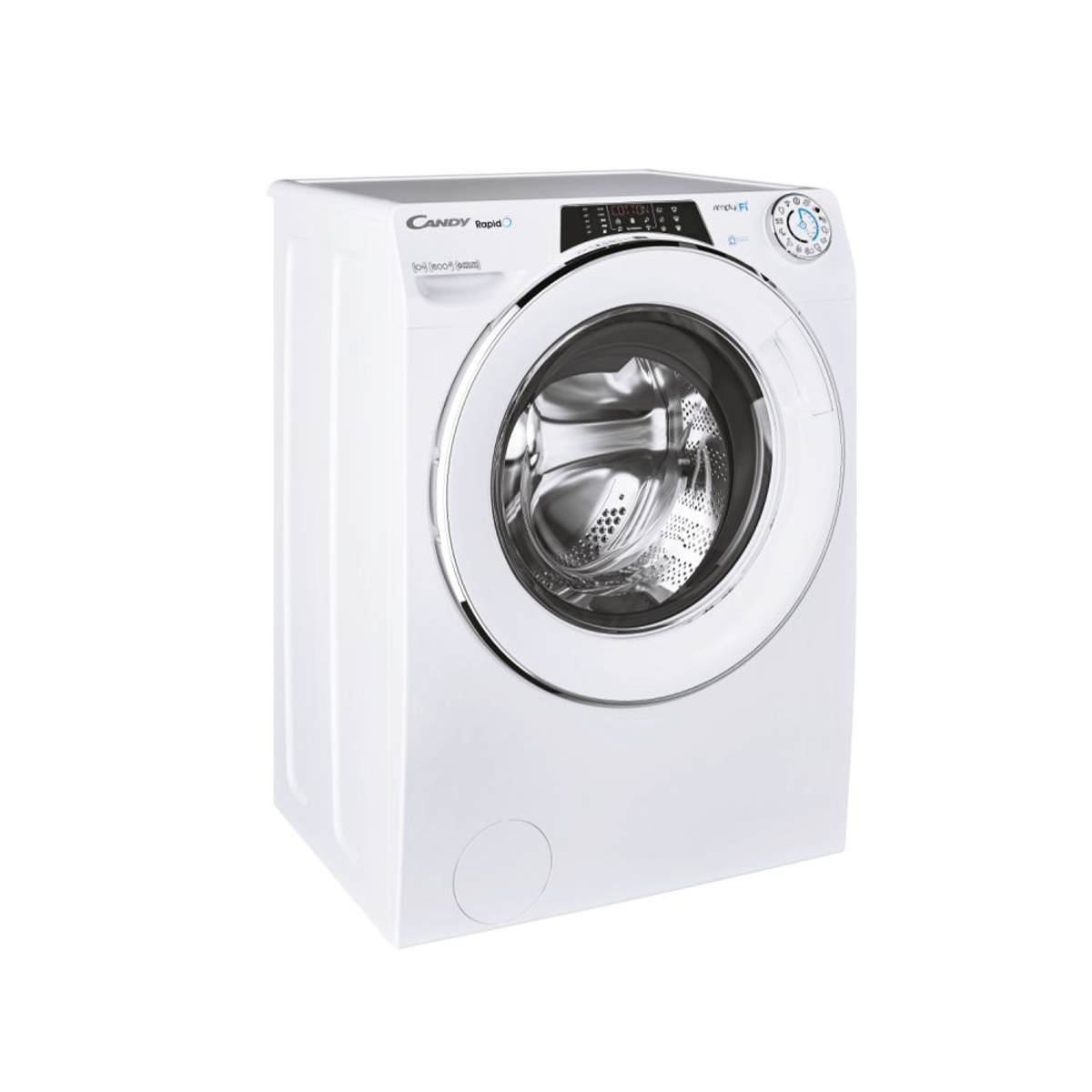 Una lavadora Candy blanca con puerta y panel de control plateados.