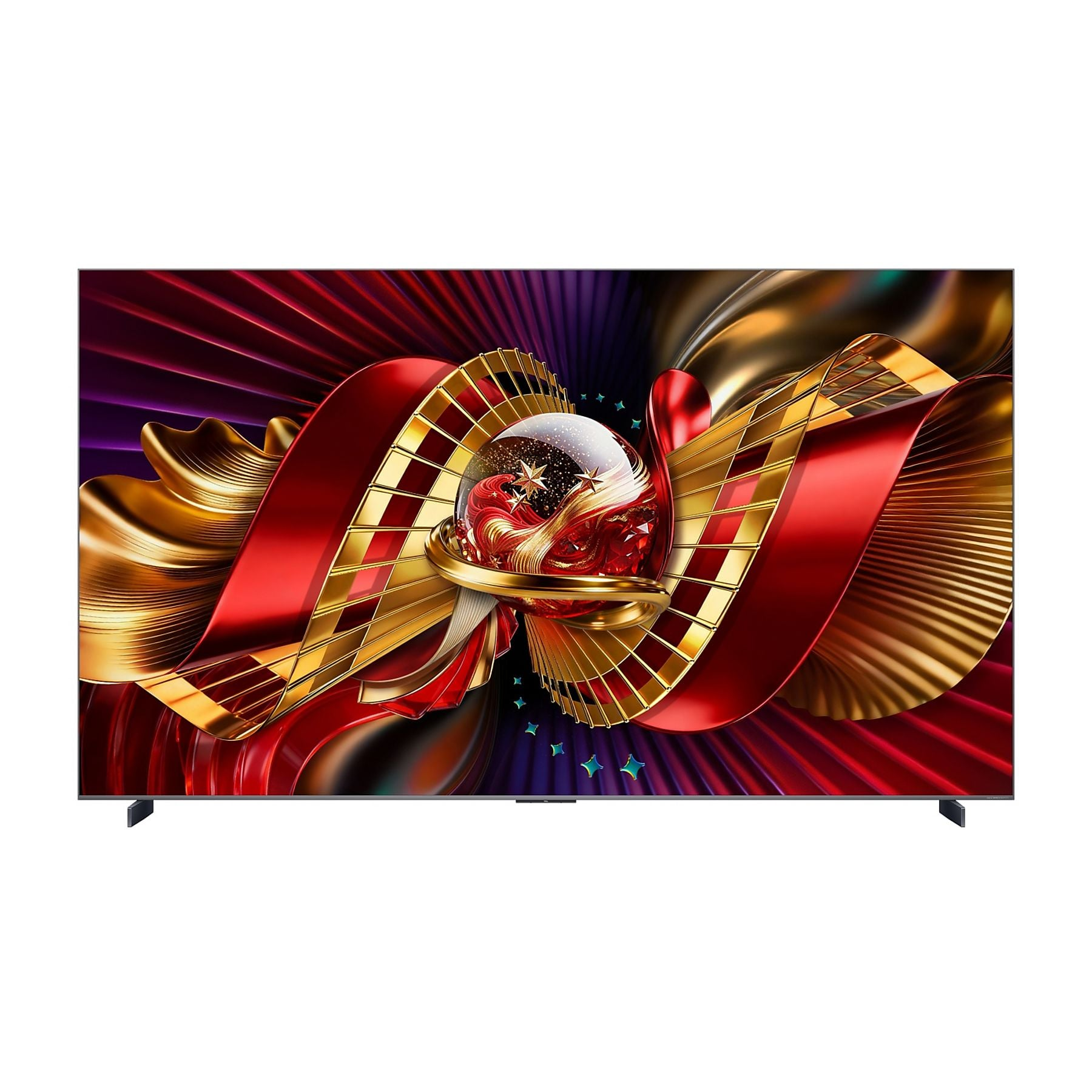 Un televisore moderno con un design astratto rosso e oro sullo schermo.