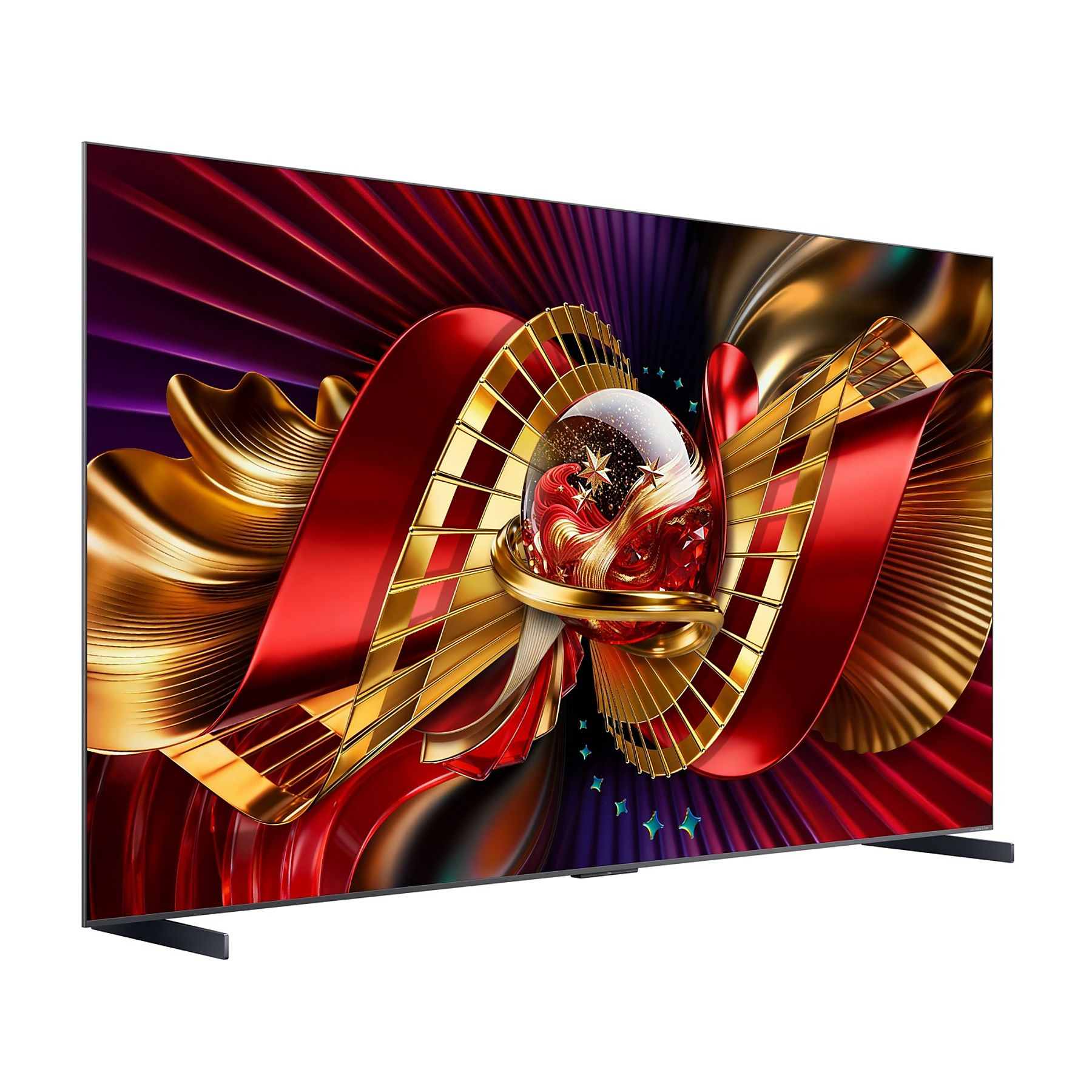 Una TV moderna con uno sfondo astratto di nastri rossi e dorati.