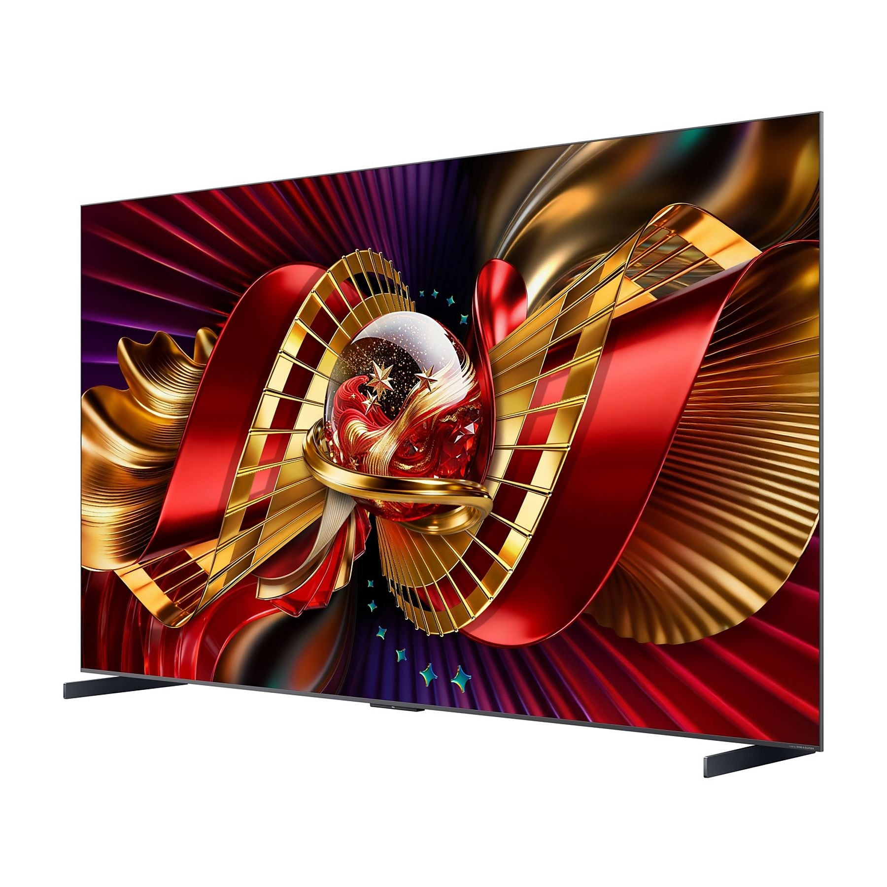Una TV moderna mostra una vibrante immagine astratta di nastri rossi e dorati che formano un design festivo.