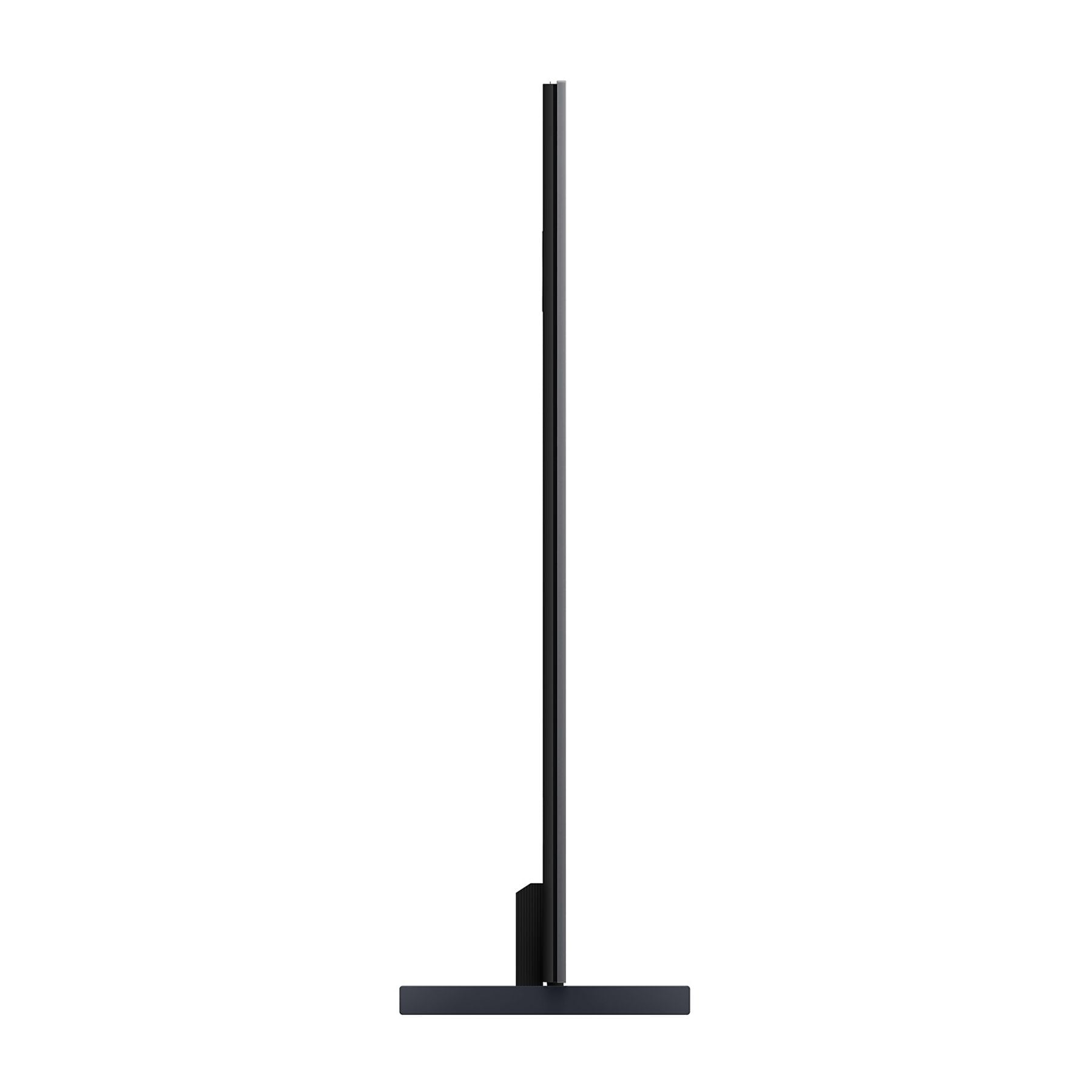 Una TV nera e sottile con supporto stretto, vista di lato.