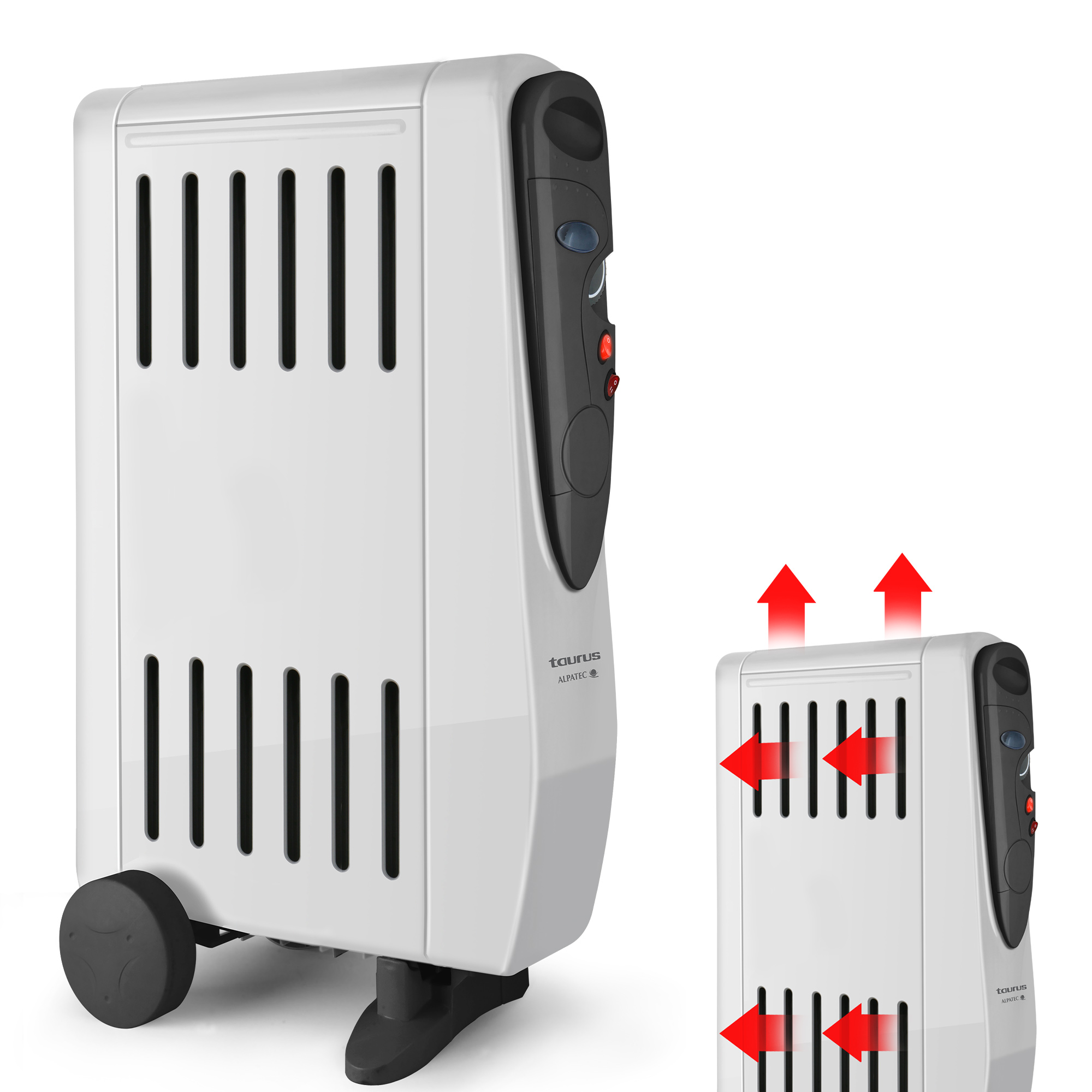 Ein weißer Radiator mit Rädern und roten Pfeilen, die Wärme zeigen.