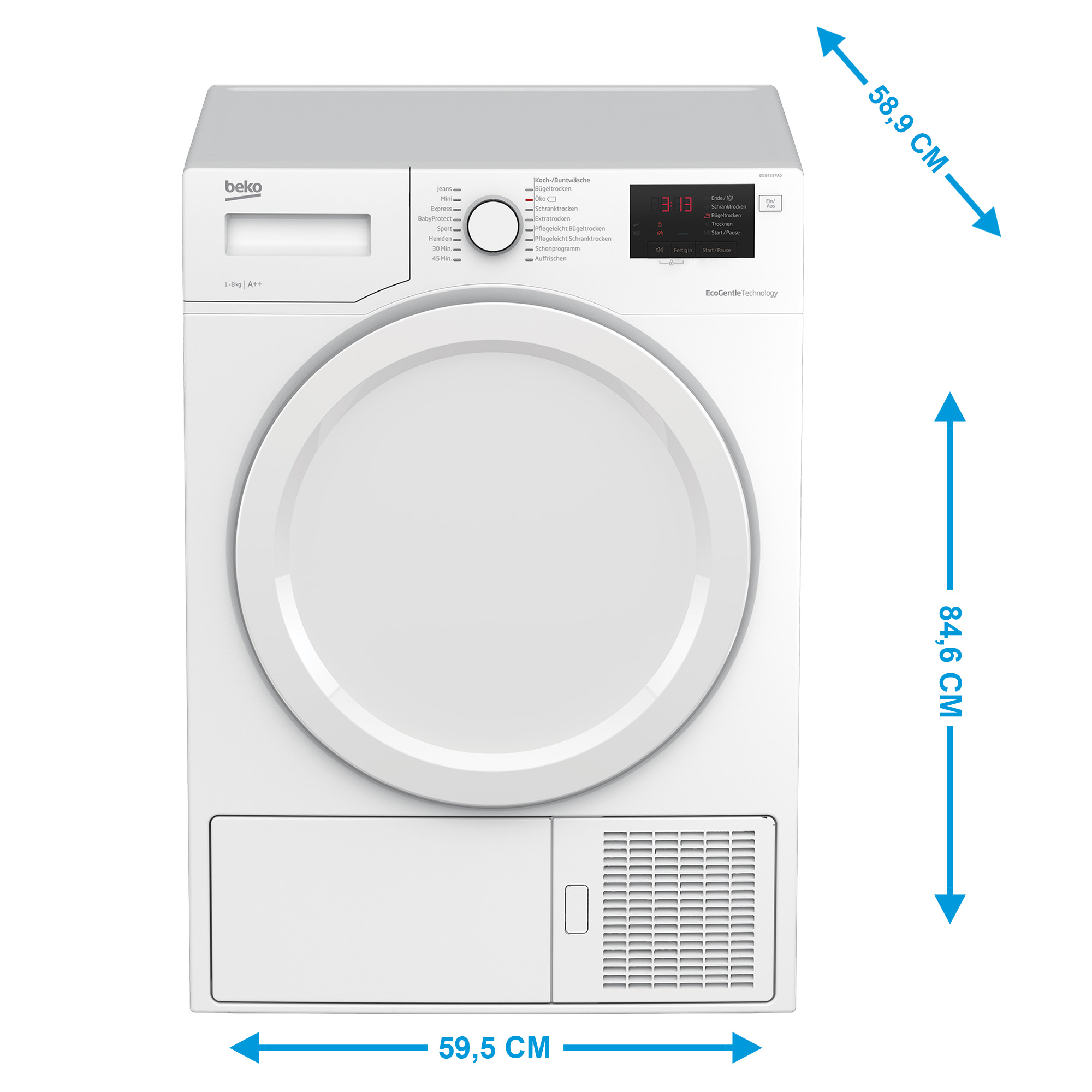 Weiße Beko-Wäschetrockner mit digitaler Anzeige und Programmauswahl.
