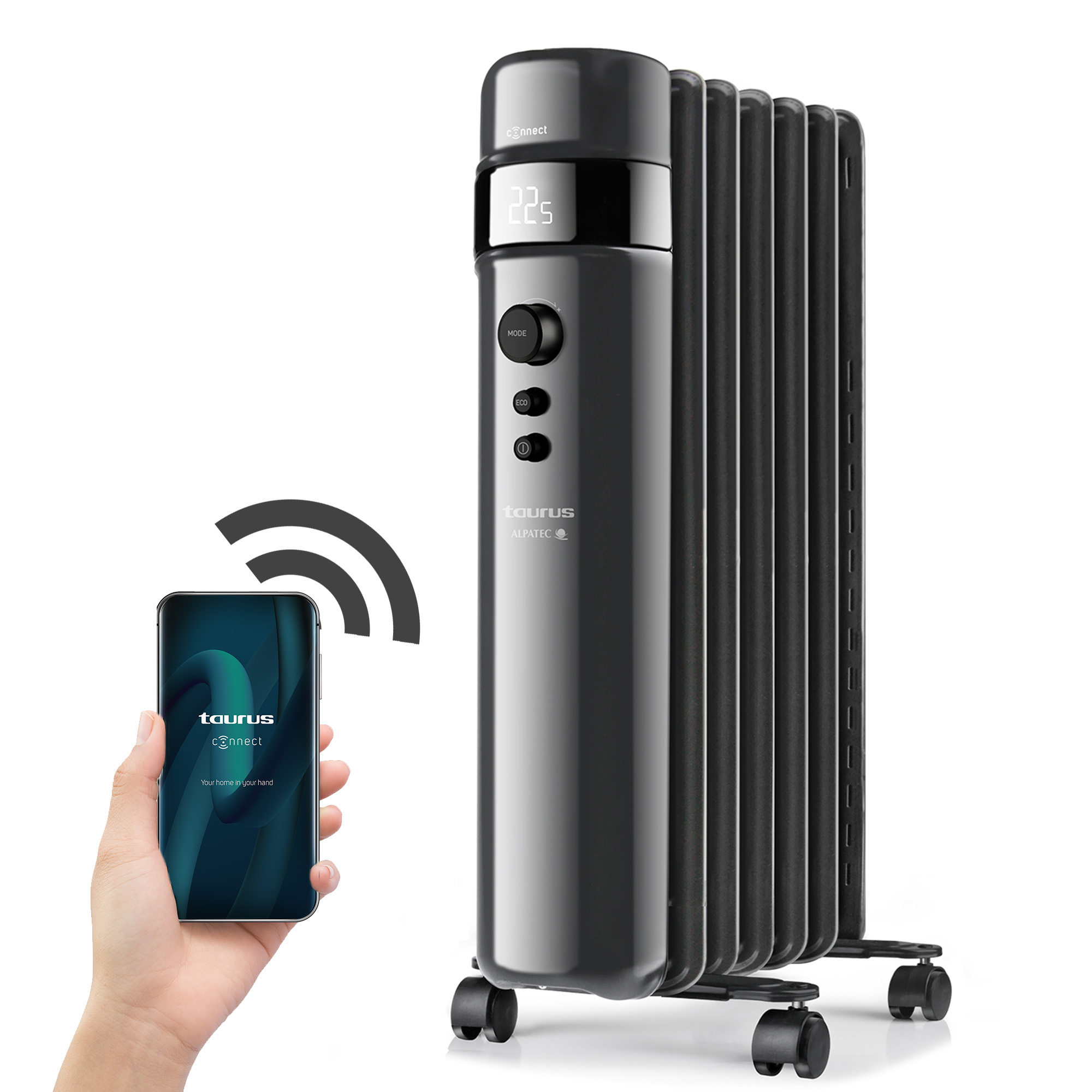 Un radiador gris con ruedas se controla mediante un smartphone.