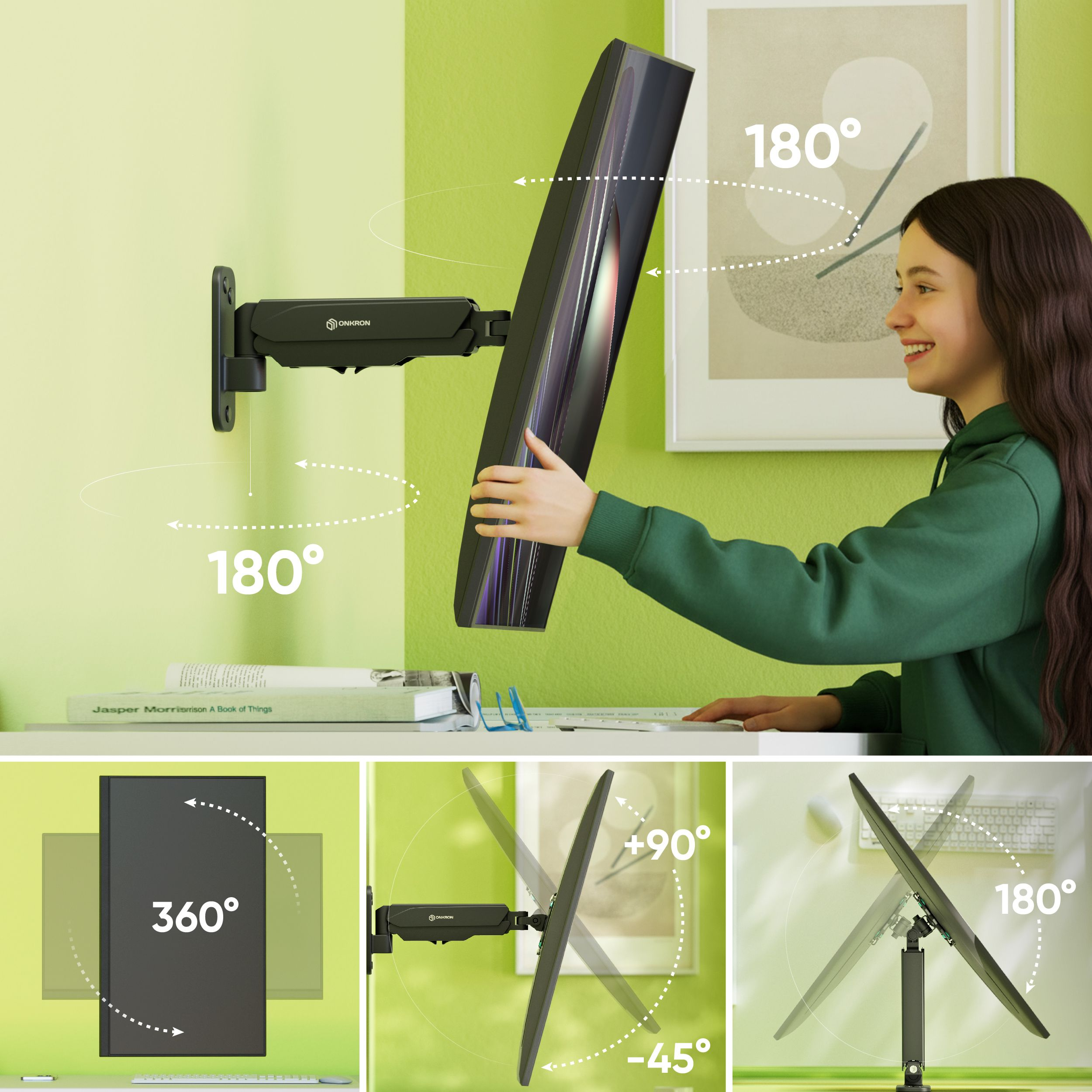 Ein Mädchen stellt einen Monitor ein, der 180° schwenkbar ist.