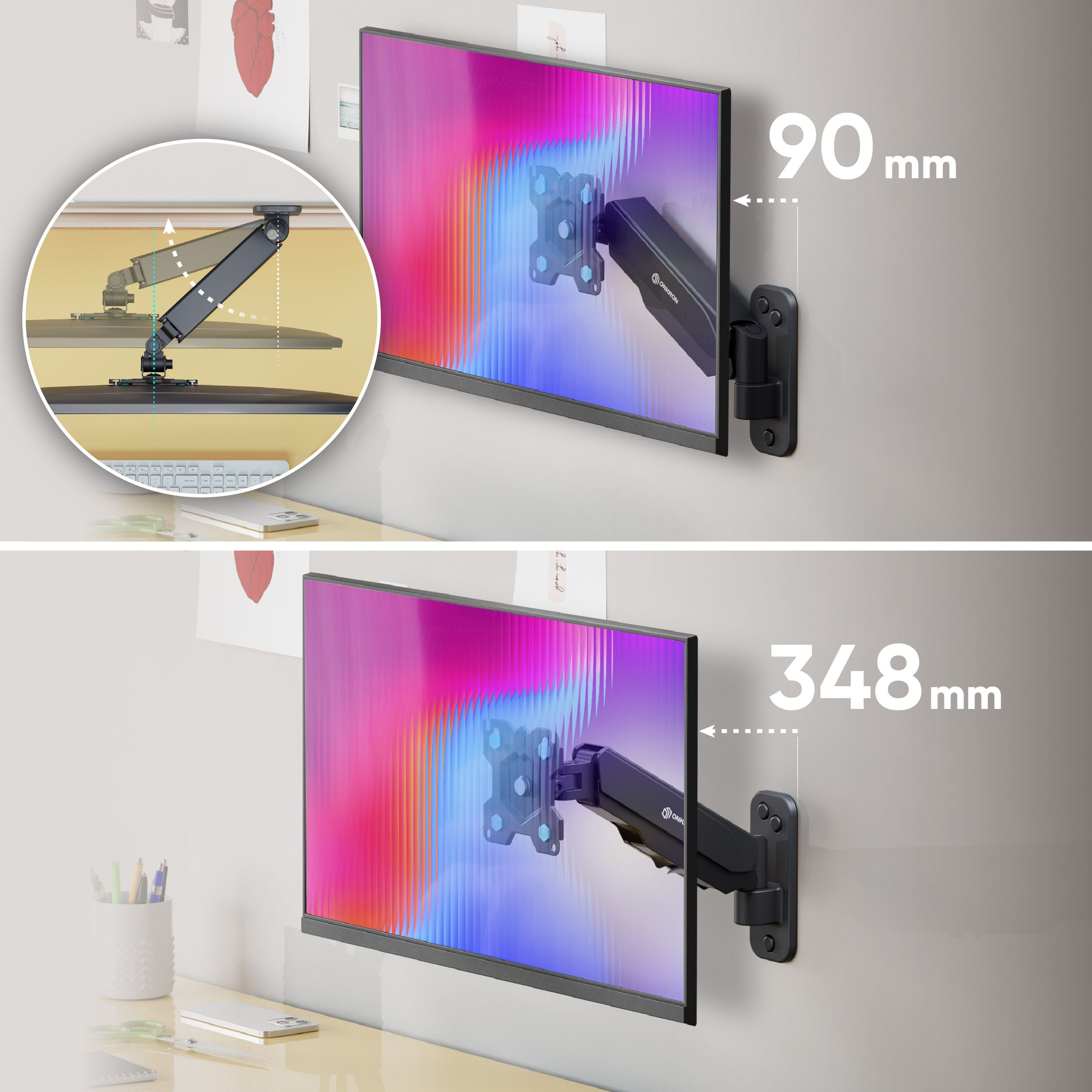 Monitorarm an Wand montiert, 90mm und 348mm Auszugslänge gezeigt.