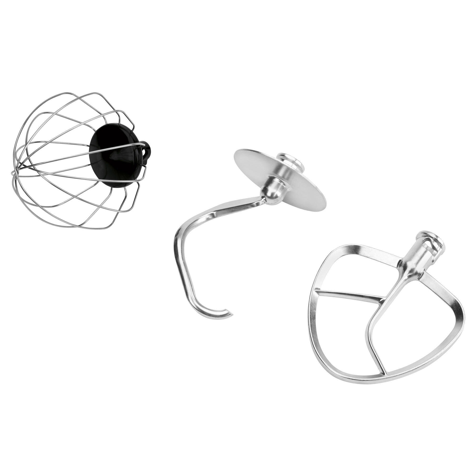 Tres accesorios metálicos para batidora: varillas, gancho amasador y pala.