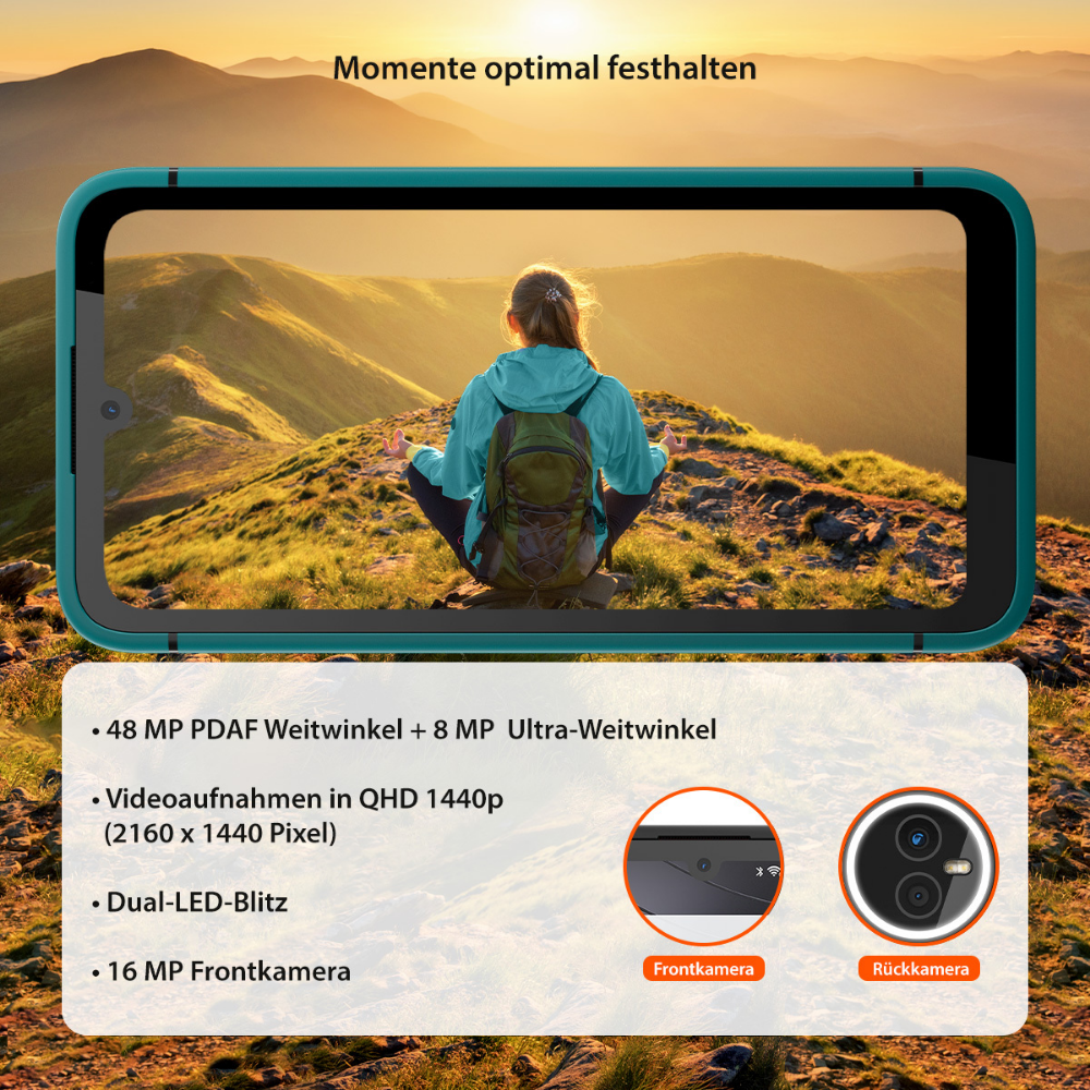 Smartfon pokazuje kobietę w górach, ze specyfikacją aparatu.