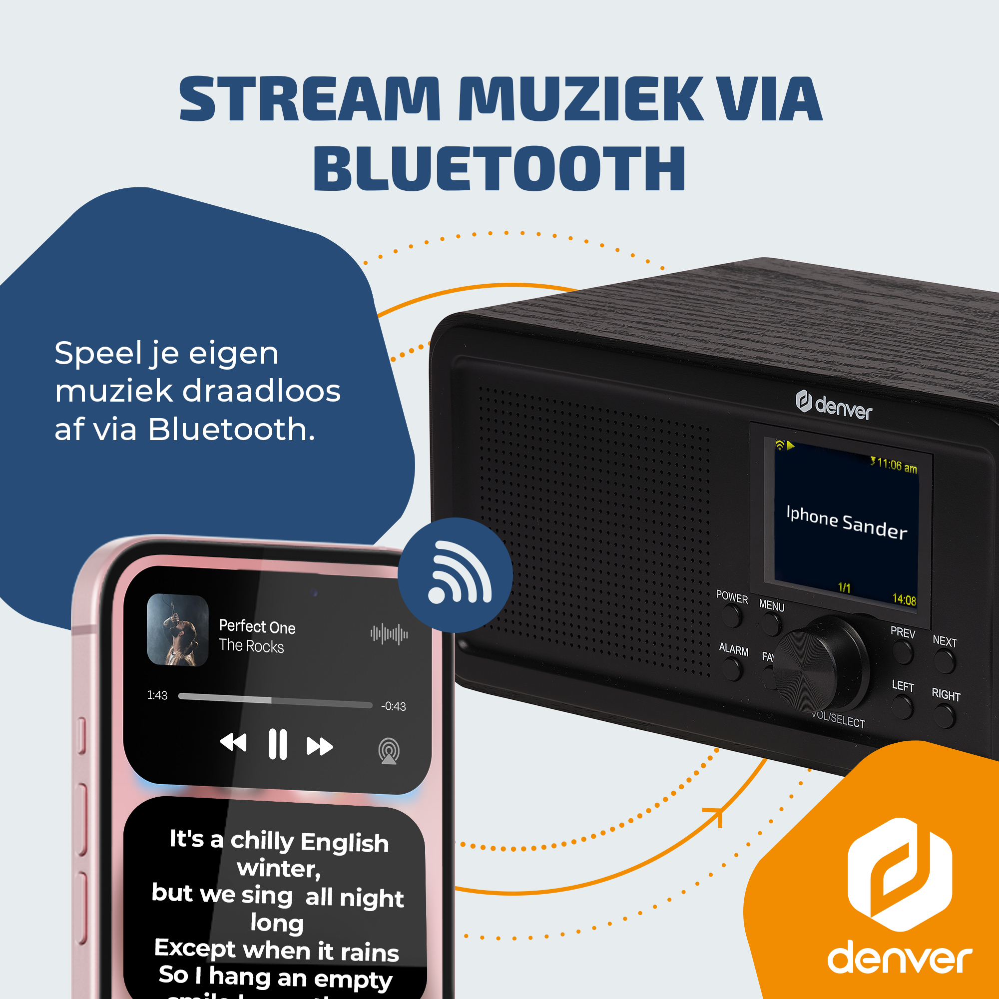 A Denver Bluetooth radio and a smartphone display music streaming.