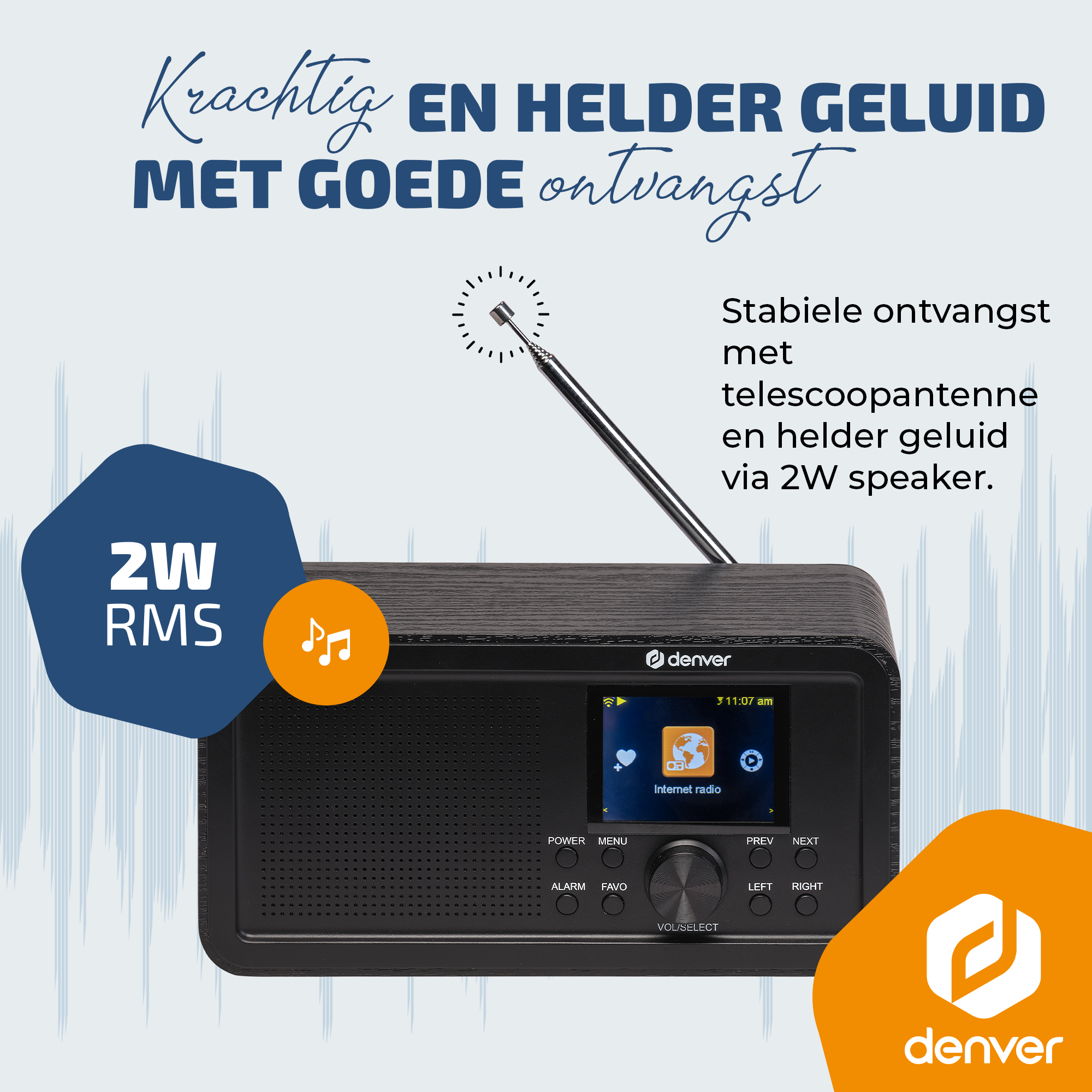 A black Denver internet radio with a telescopic antenna and 2W speaker.
