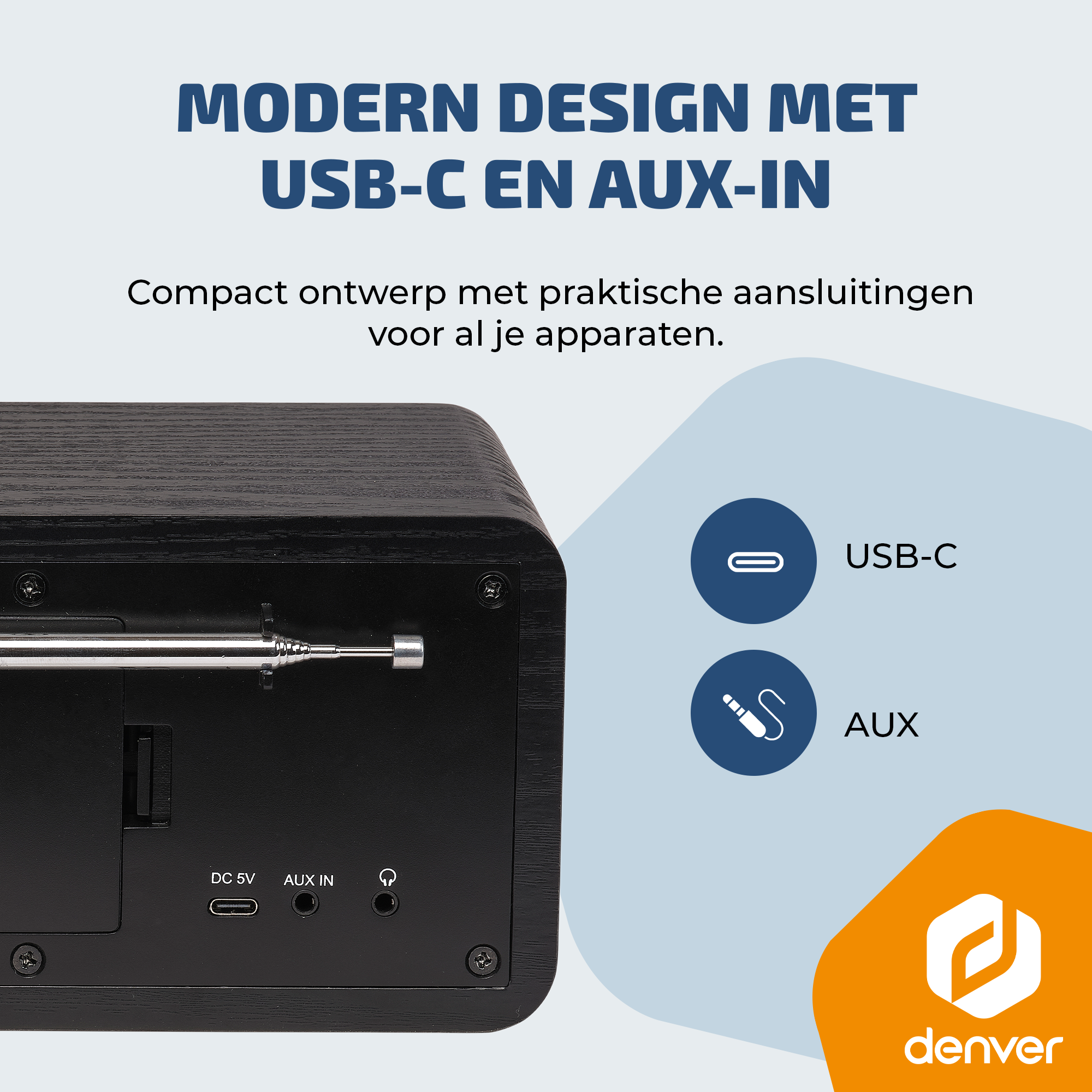 Black device featuring USB-C and AUX ports. Modern design.