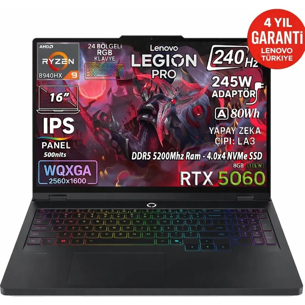 16 inç WQXGA ekrana sahip Lenovo Legion Pro oyuncu dizüstü bilgisayarı, RTX 5060.