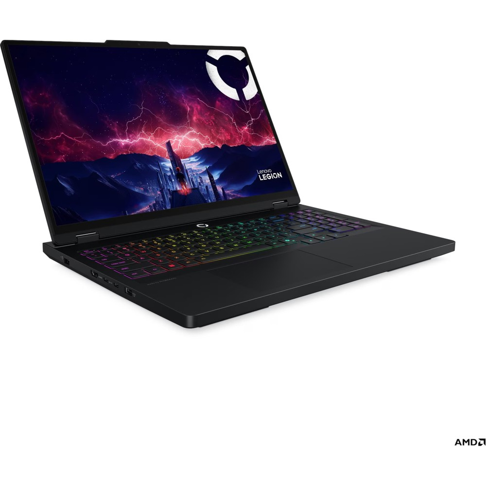 Aydınlatmalı klavyeli siyah dizüstü bilgisayar, Lenovo Legion logosu ve ekranda stilize edilmiş grafikler.