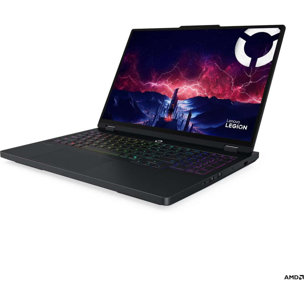 Arkadan aydınlatmalı klavyeli ve fütüristik duvar kağıtlı siyah Lenovo Legion dizüstü bilgisayar.
