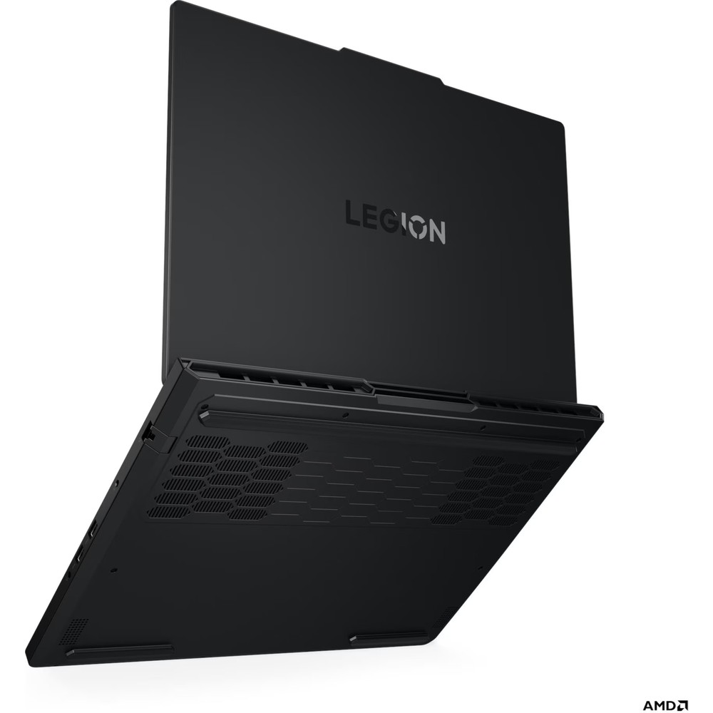 Kapalı siyah dizüstü bilgisayar, havalandırma delikleri ve "LEGION" logosu. AMD logosu görünüyor.