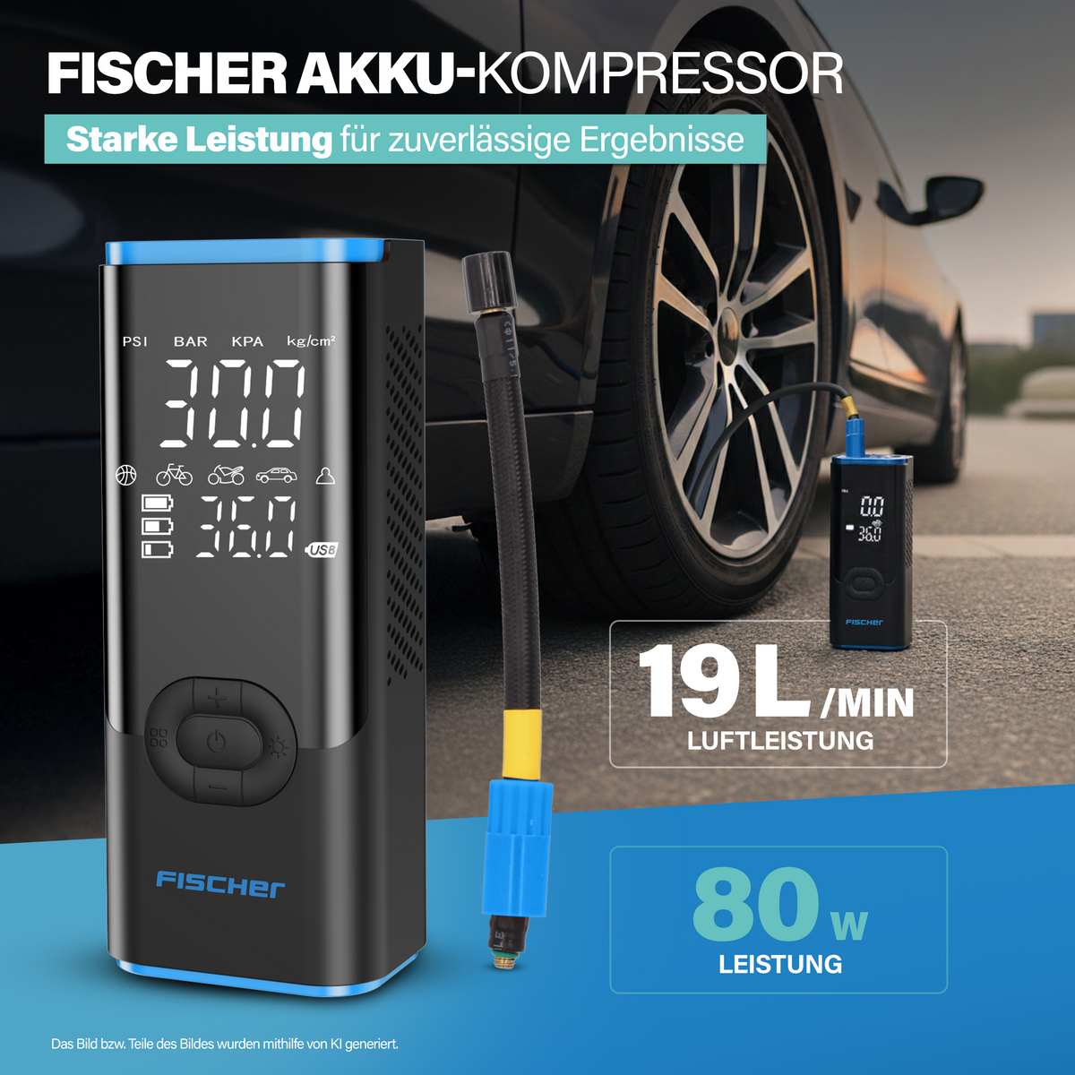 Fischer Akku-Kompressor mit Schlauch und Display neben einem Auto.