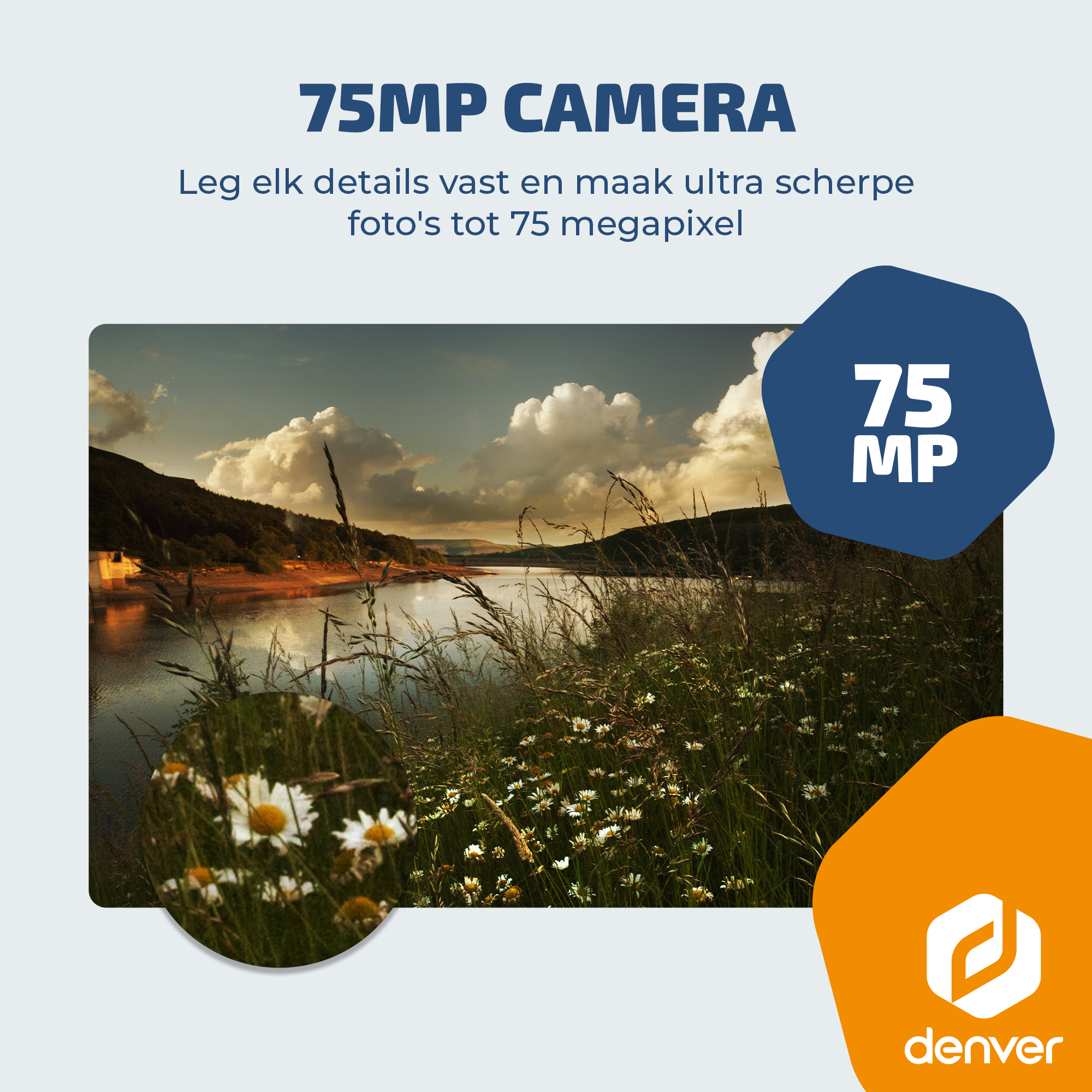 Landschap met meer en bloemen, "75MP CAMERA" en "75 MP" tekst.