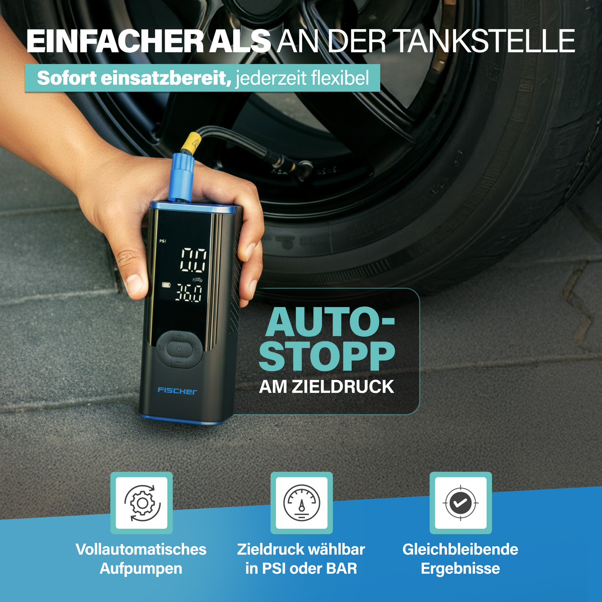 Eine Hand hält einen digitalen Reifenfüller mit Display, der an ein Autoreifen angeschlossen ist.