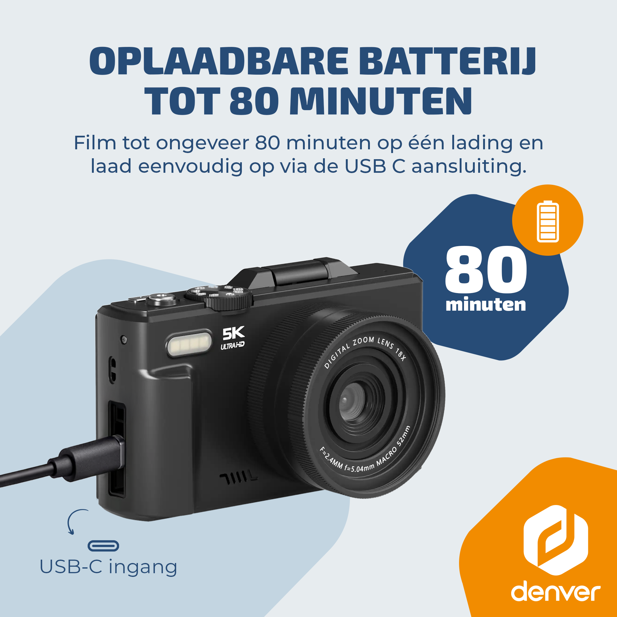 Zwarte camera met USB-C-poort, tekst geeft 80 minuten batterijduur aan.