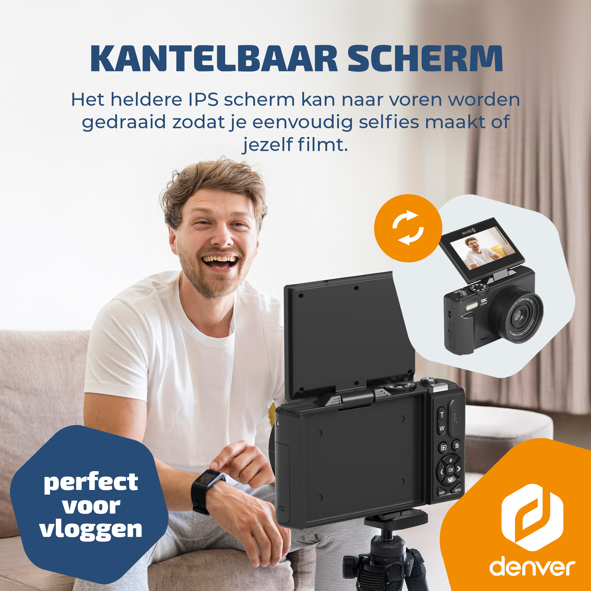 Man lacht met camera met kantelbaar scherm, perfect voor vlogs.