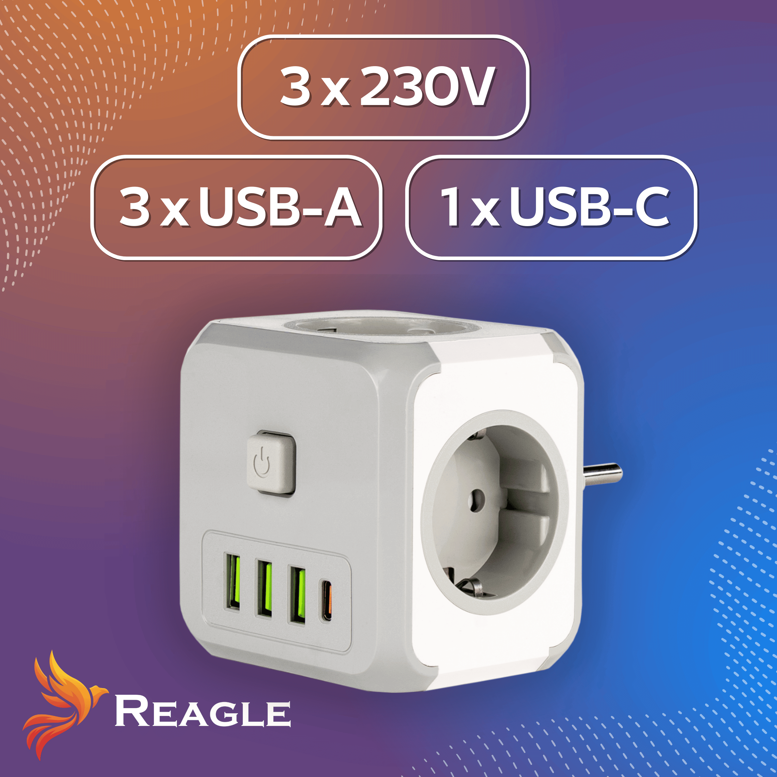 Biały adapter sześcienny z portami 3x230V, 3xUSB-A i 1xUSB-C.