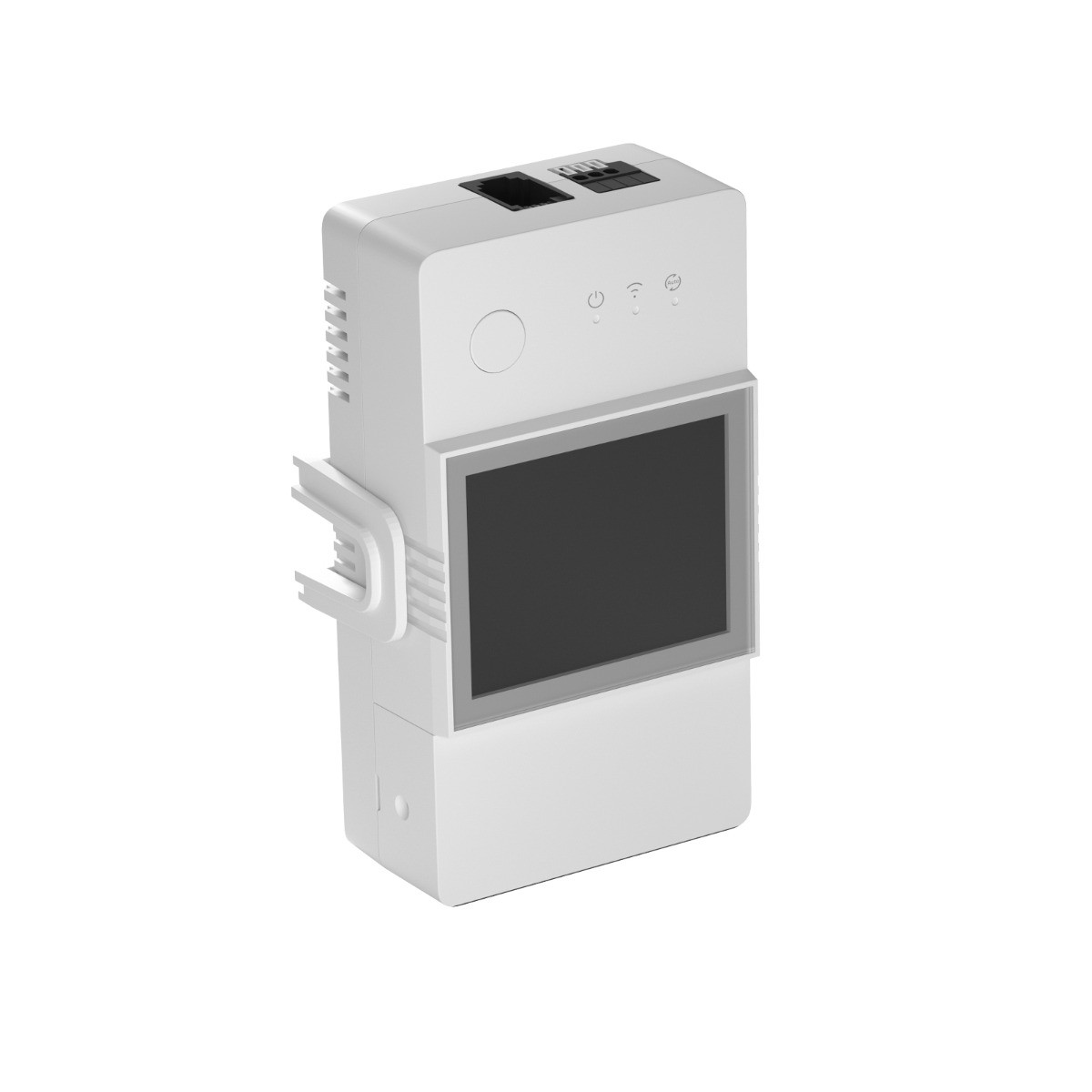 Un dispositivo elettronico bianco con schermo, pulsanti e porte su sfondo bianco.