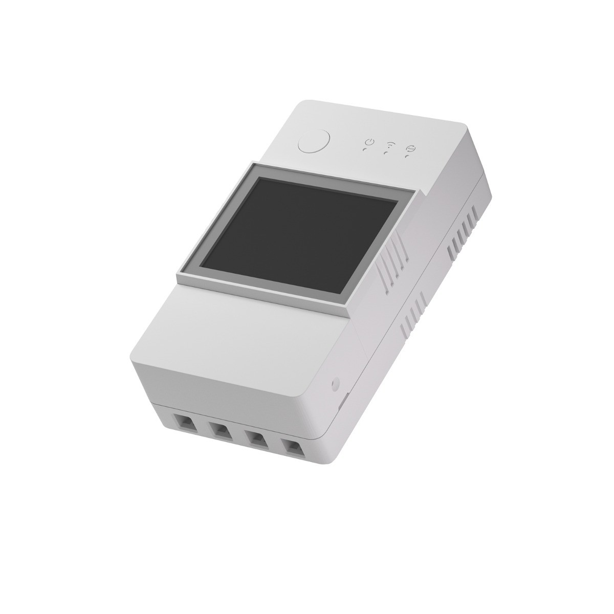 Un dispositivo smart home bianco con schermo scuro e pulsanti.